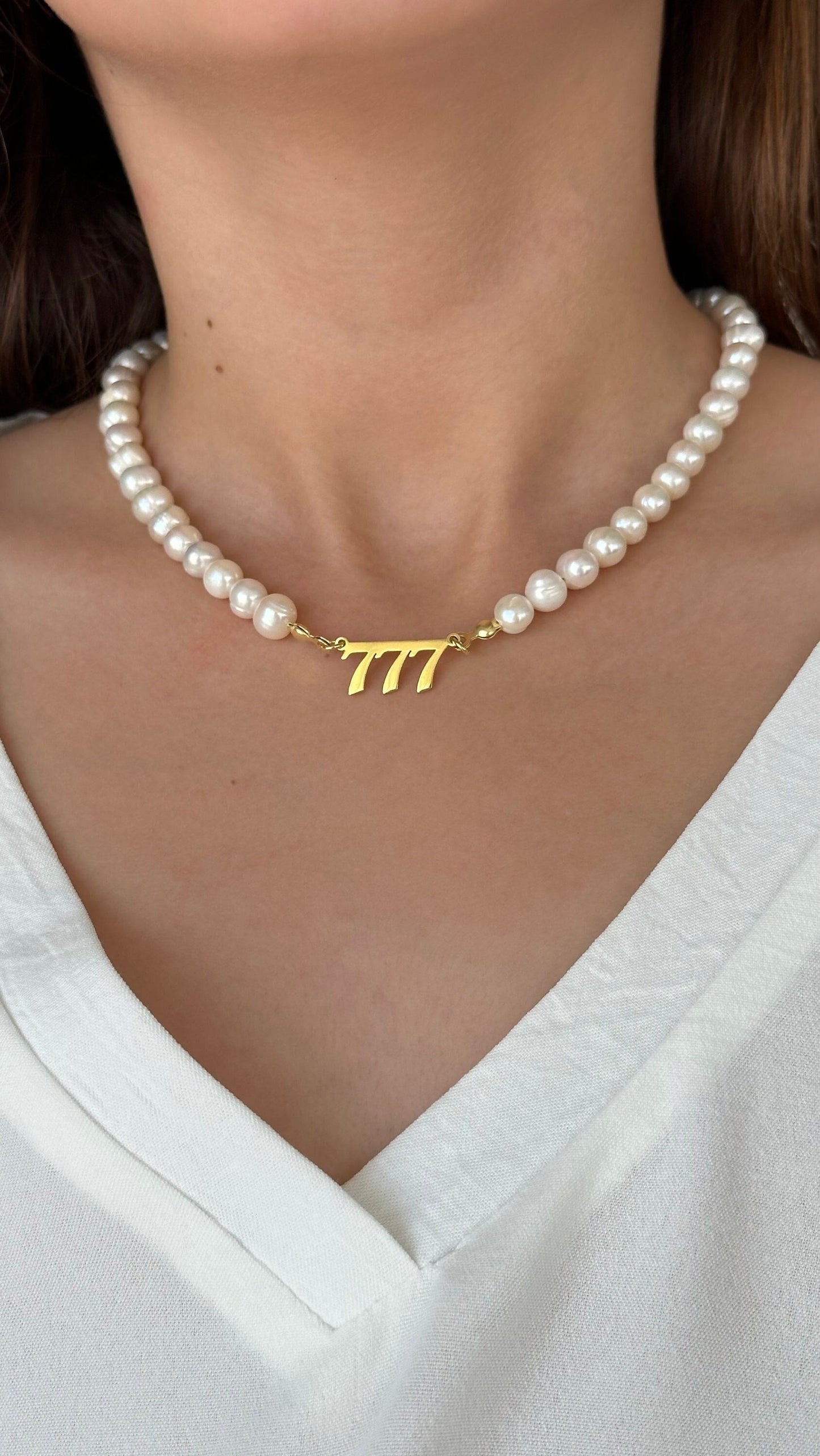 Angel Number Necklace, 777 Necklace, Pearl Angel Numbers Necklace, Personalized Gift, Lucky Number, Gift for Her, Pearl Jewelry, 925 Silver