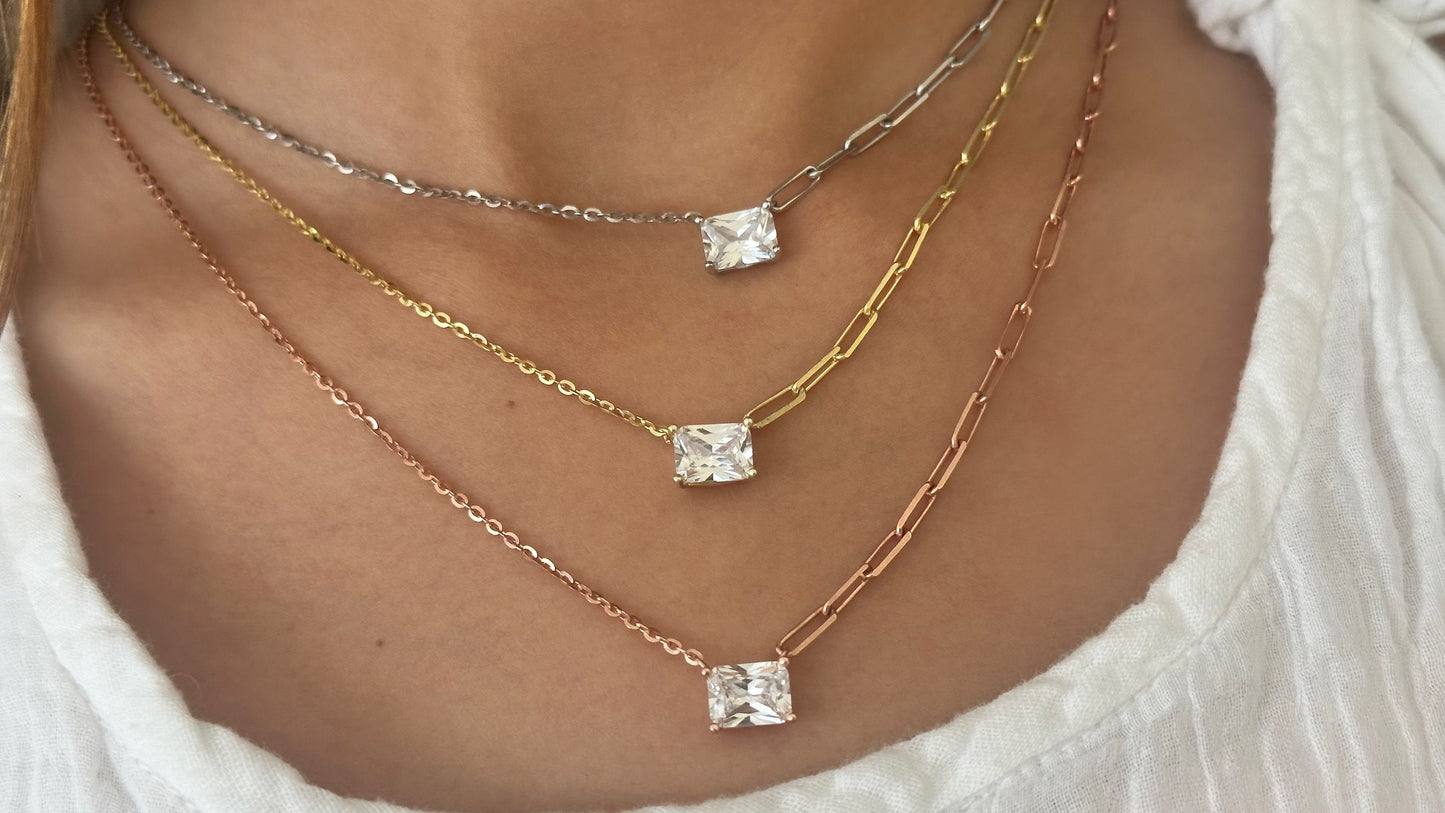Baguette Necklace Crystal Diamond Shiny Zirconia Rectangle Stone Emerald Cut Pendant Necklace Layering Gift for her Baguette Jewelry 925