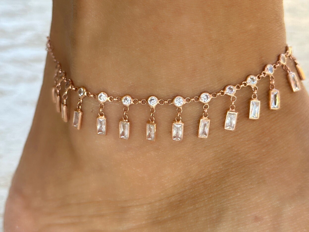 Dangle CZ Stone Anklet, Crystal Diamond Anklet, Dangle Gemstone Anklet, Summer gift, Beach Jewelry, 14K Rose gold Anklet, 925 Silver