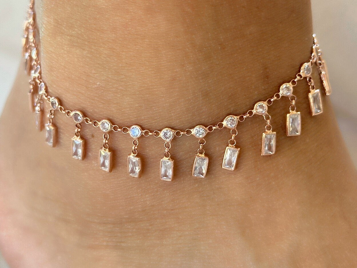 Dangle CZ Stone Anklet, Crystal Diamond Anklet, Dangle Gemstone Anklet, Summer gift, Beach Jewelry, 14K Rose gold Anklet, 925 Silver