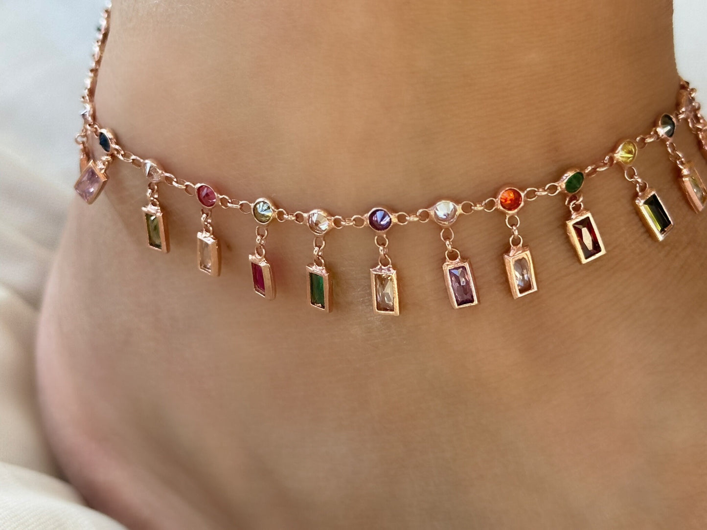 Dangle CZ Stone Anklet, Crystal Diamond Anklet, Dangle Gemstone Anklet, Summer gift, Beach Jewelry, 14K Rose gold Anklet, Ankle Bracelet