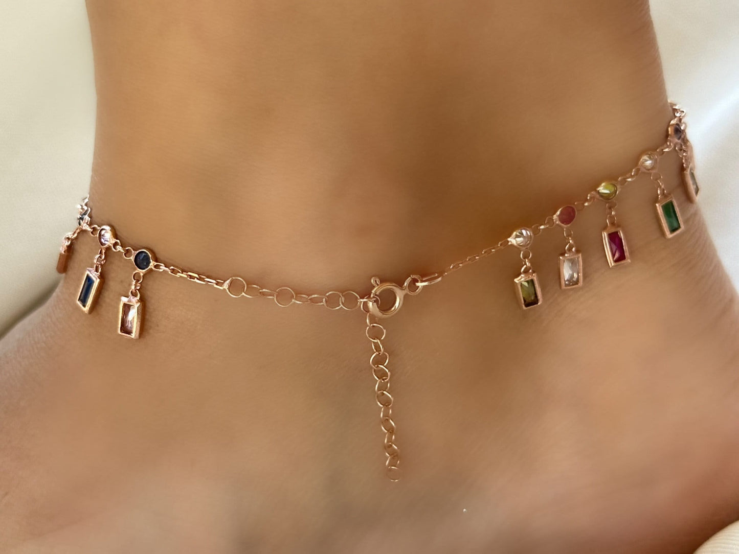 Dangle CZ Stone Anklet, Crystal Diamond Anklet, Dangle Gemstone Anklet, Summer gift, Beach Jewelry, 14K Rose gold Anklet, Ankle Bracelet