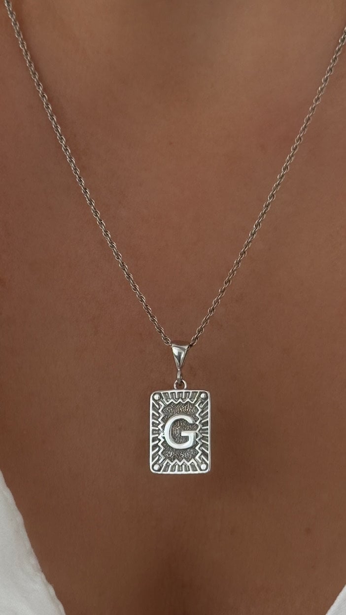 Retro Initial Letter Necklace, Layering Letter Pendant Necklace, Alphabet Rectangle Medallion Pendant, Personalized gift for her and him