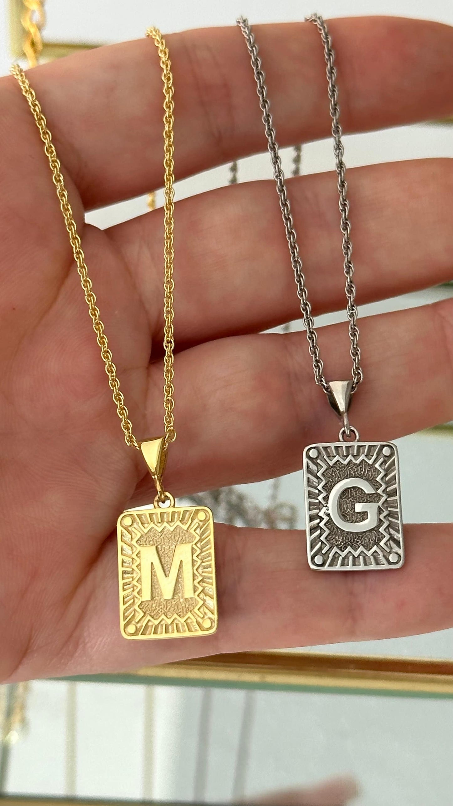 Retro Initial Letter Necklace, Layering Letter Pendant Necklace, Alphabet Rectangle Medallion Pendant, Personalized gift for her and him