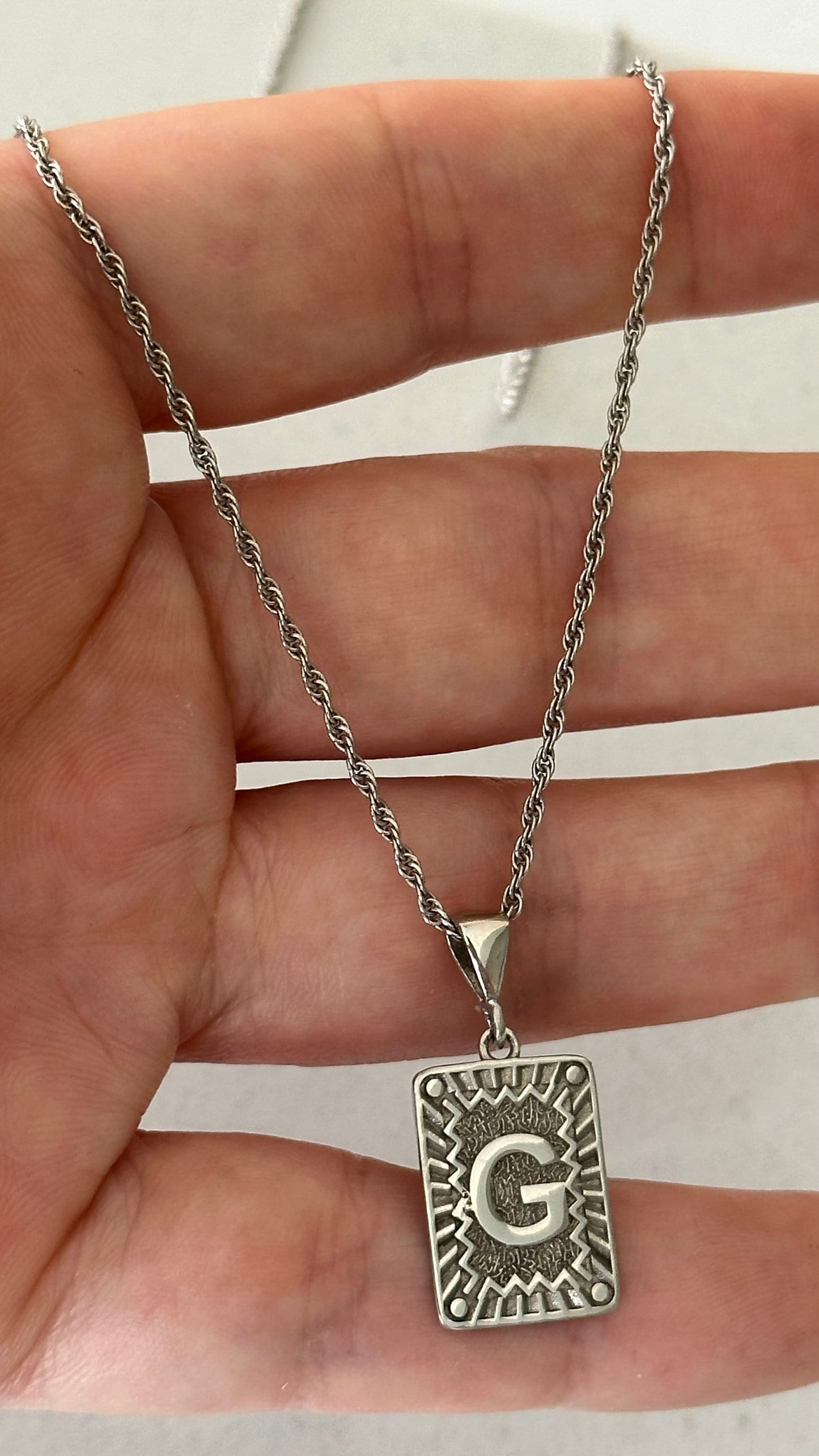 Retro Initial Letter Necklace, Layering Letter Pendant Necklace, Alphabet Rectangle Medallion Pendant, Personalized gift for her and him