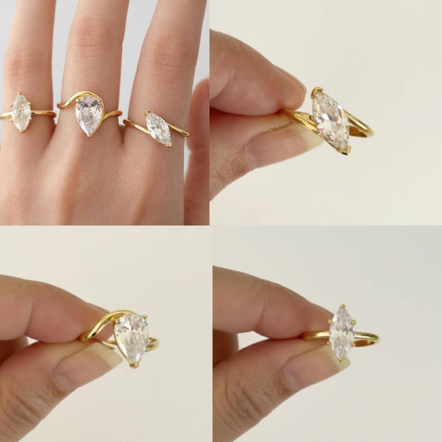 Adjustable Lab Diamond Ring, Pear Teardrop & Marquise Cut, Sterling Silver Stacking Rings, 14K Gold Rose, Gift for Her