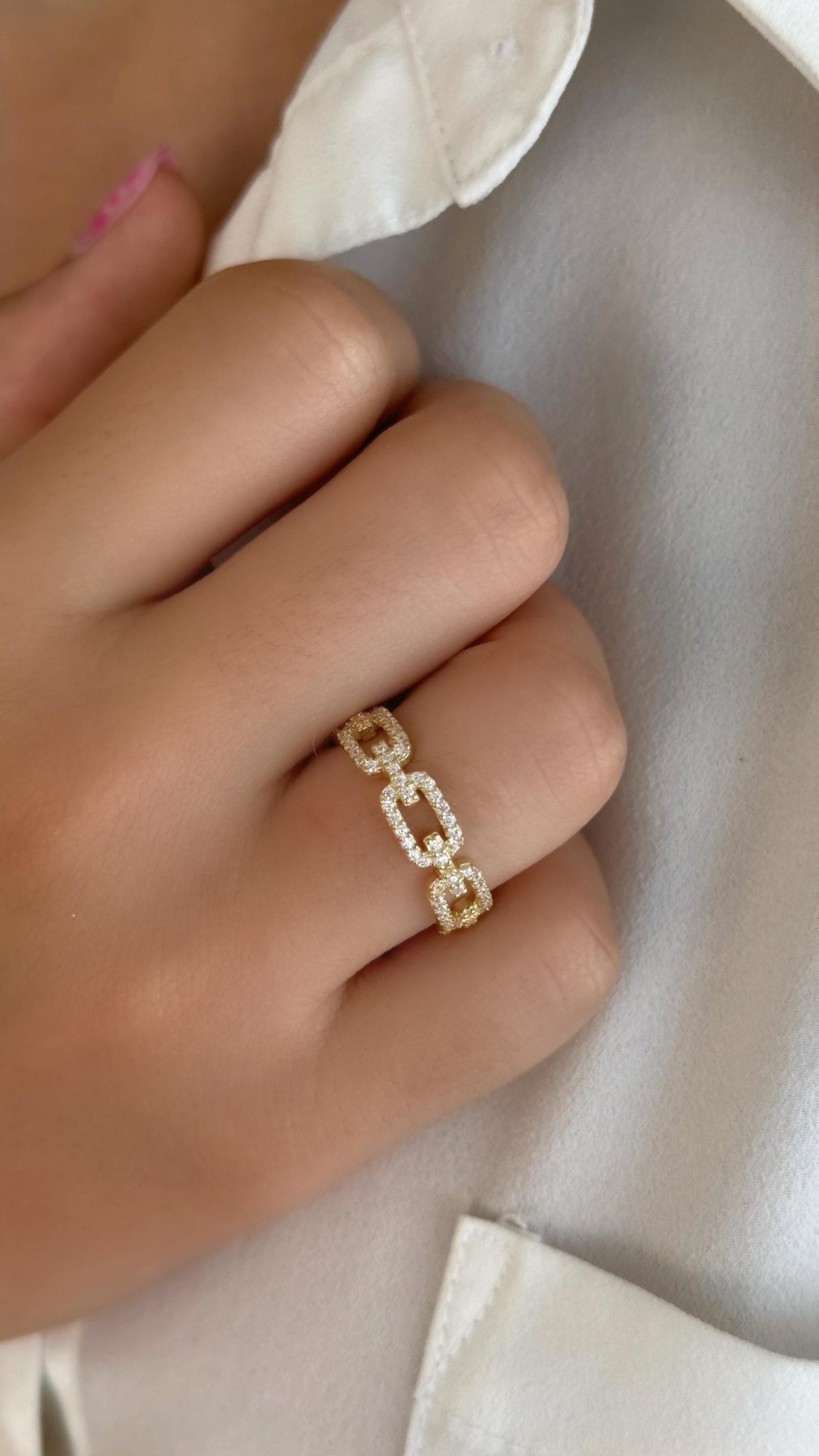 Adjustable Sterling Silver Chain Link Ring: Cubic Zirconia, 14K Gold Plated