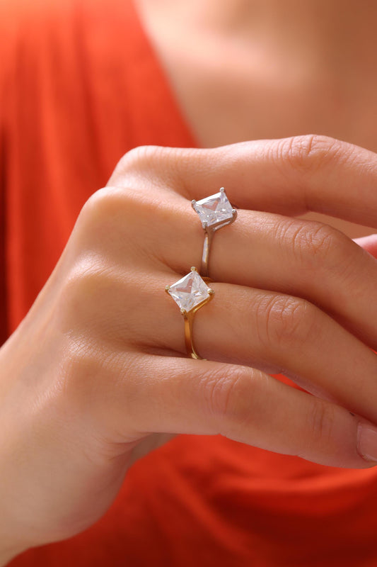 Gold Adjustable CZ Ring ‚Äì 14k gold plated adjustable sterling silver ring with 8mm square cut cubic zirconia diamond.