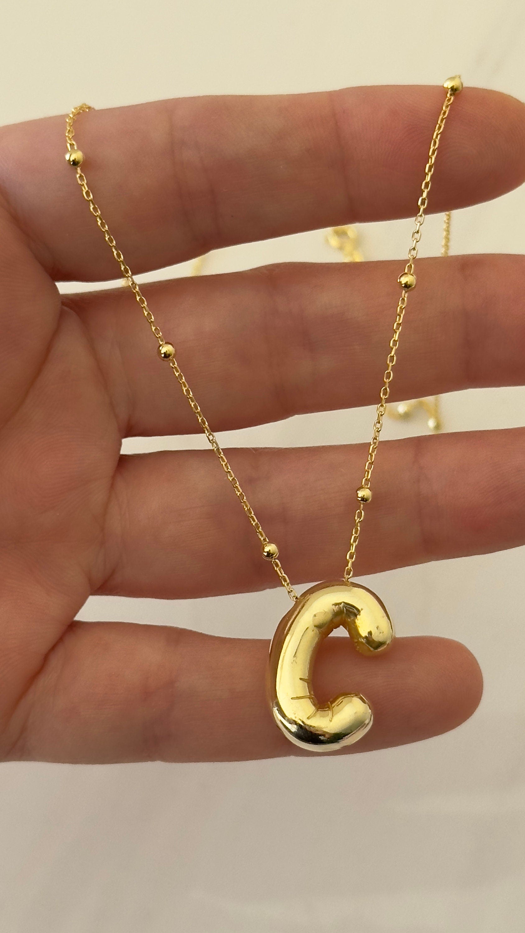 Balloon Initial Necklace: 14K Gold Vermeil Sterling Silver Bubble Letter Pendant
