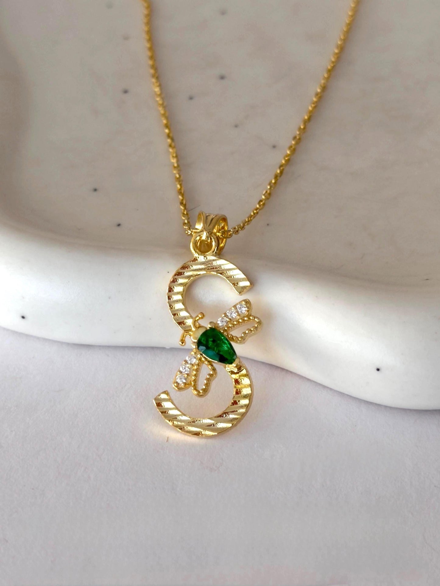 Gold birthstone initial necklace with CZ bee pendant. 925 Sterling Silver Personalized Jewelry Gift for her