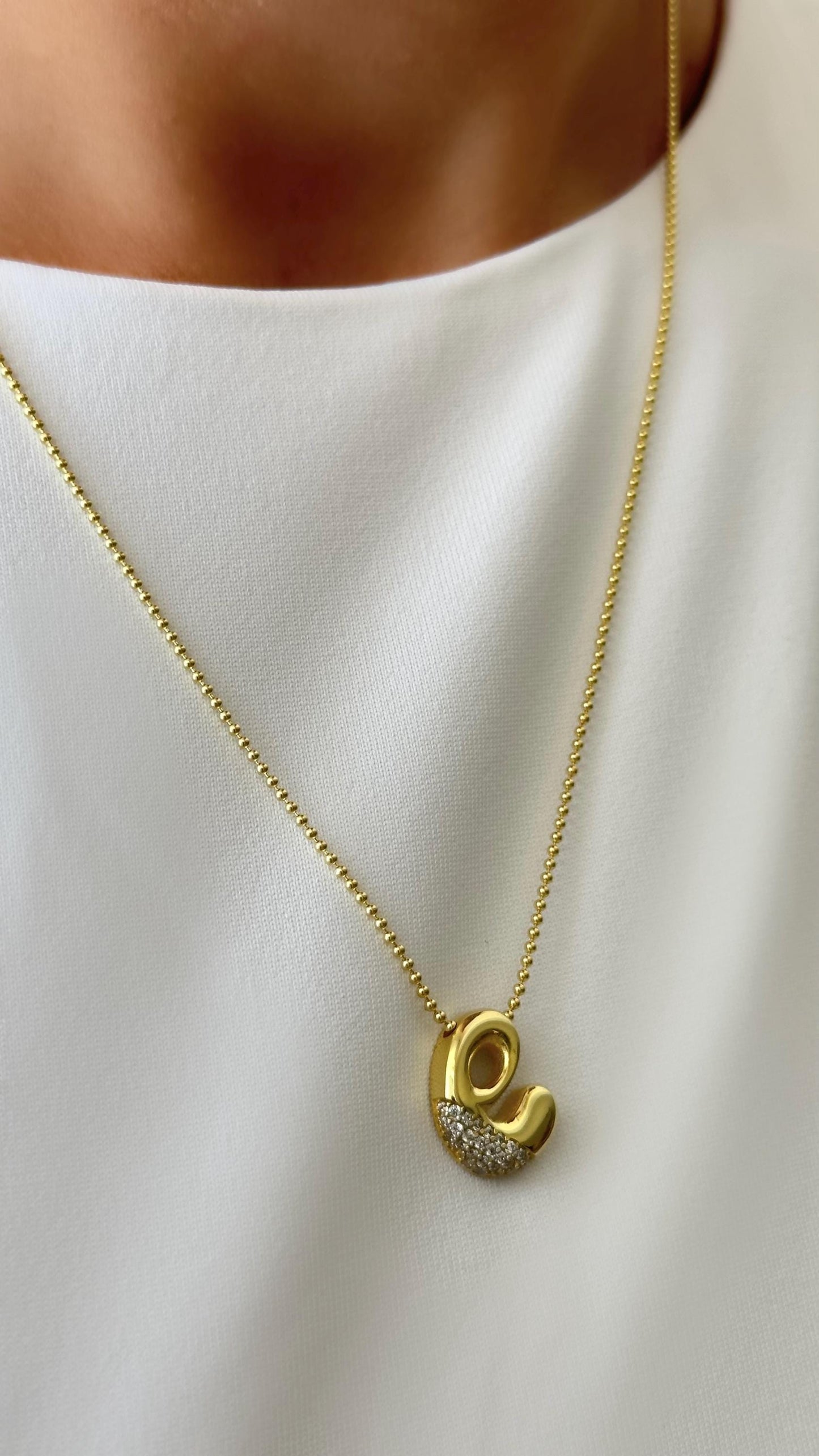 Gold initial pendant bubble letter necklace, shiny CZ diamond style personalized jewelry for her.