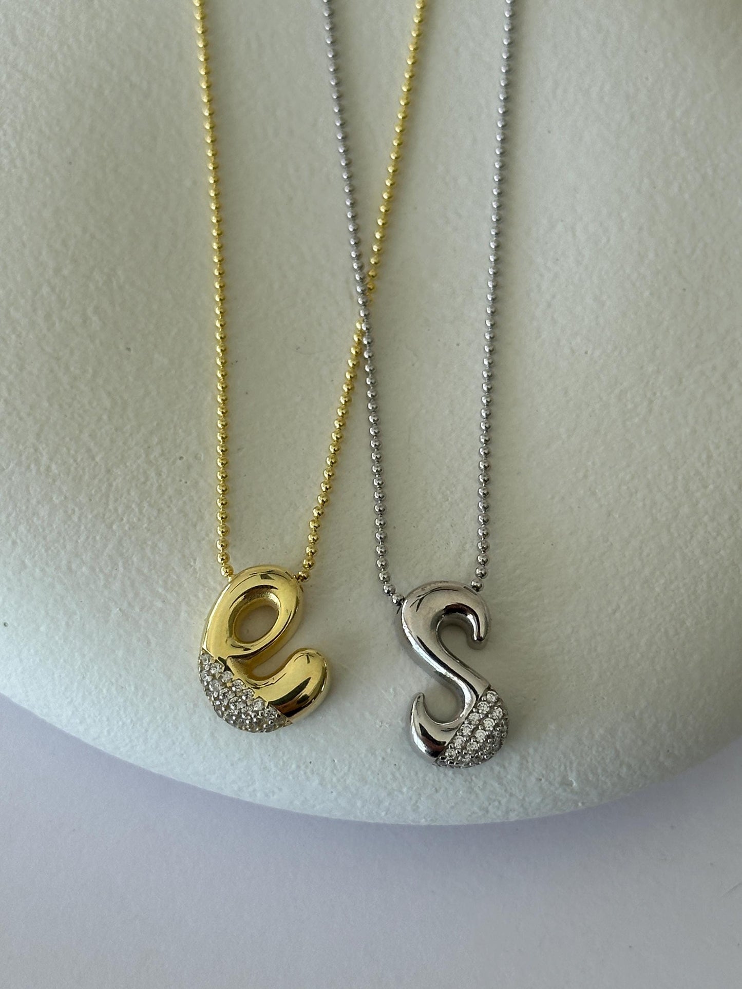 Gold 3D bubble initial necklace, handmade sterling silver jewelry gift for birthdays and anniversaries.