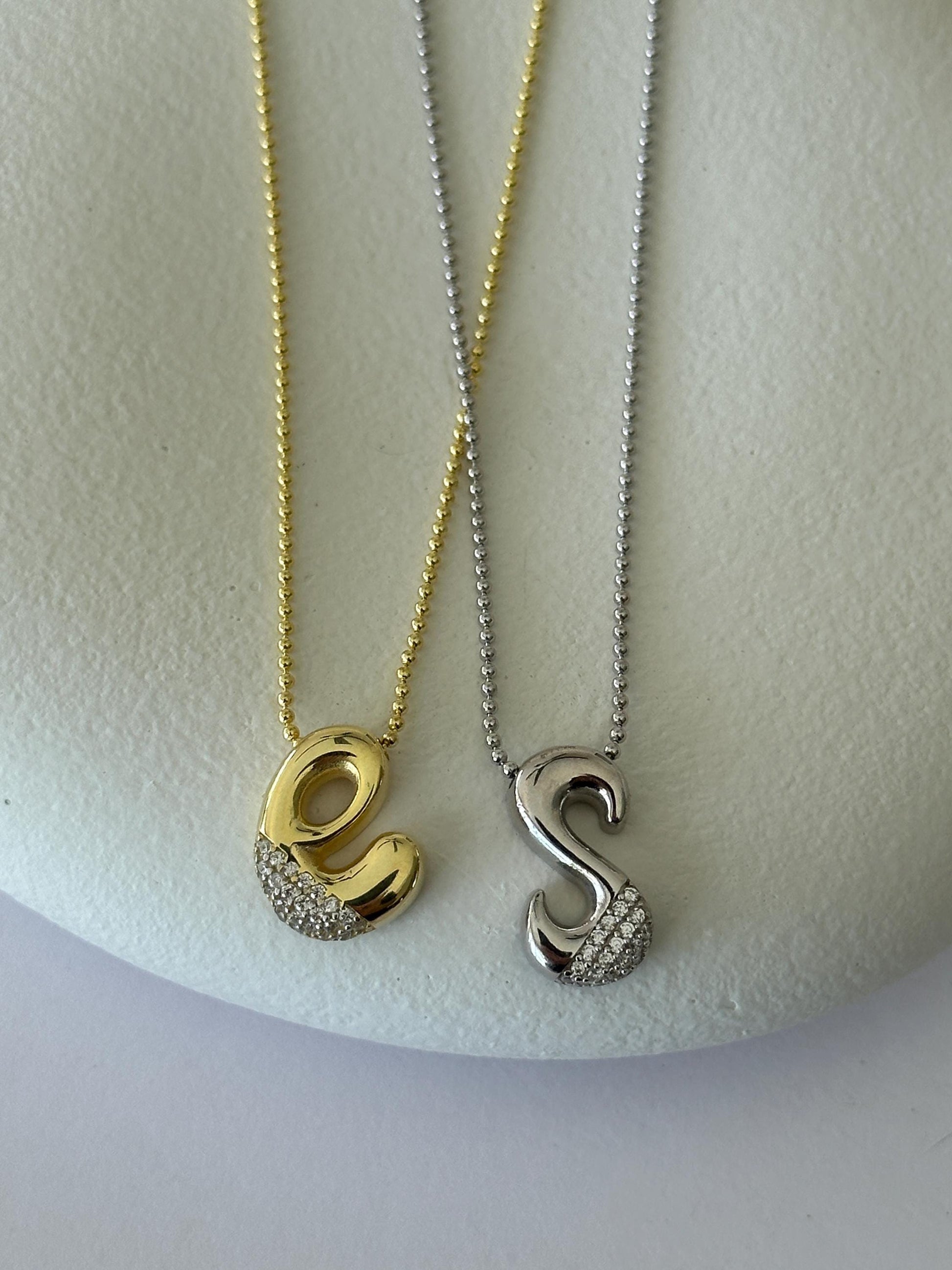 Gold 3D bubble initial necklace, handmade sterling silver jewelry gift for birthdays and anniversaries.