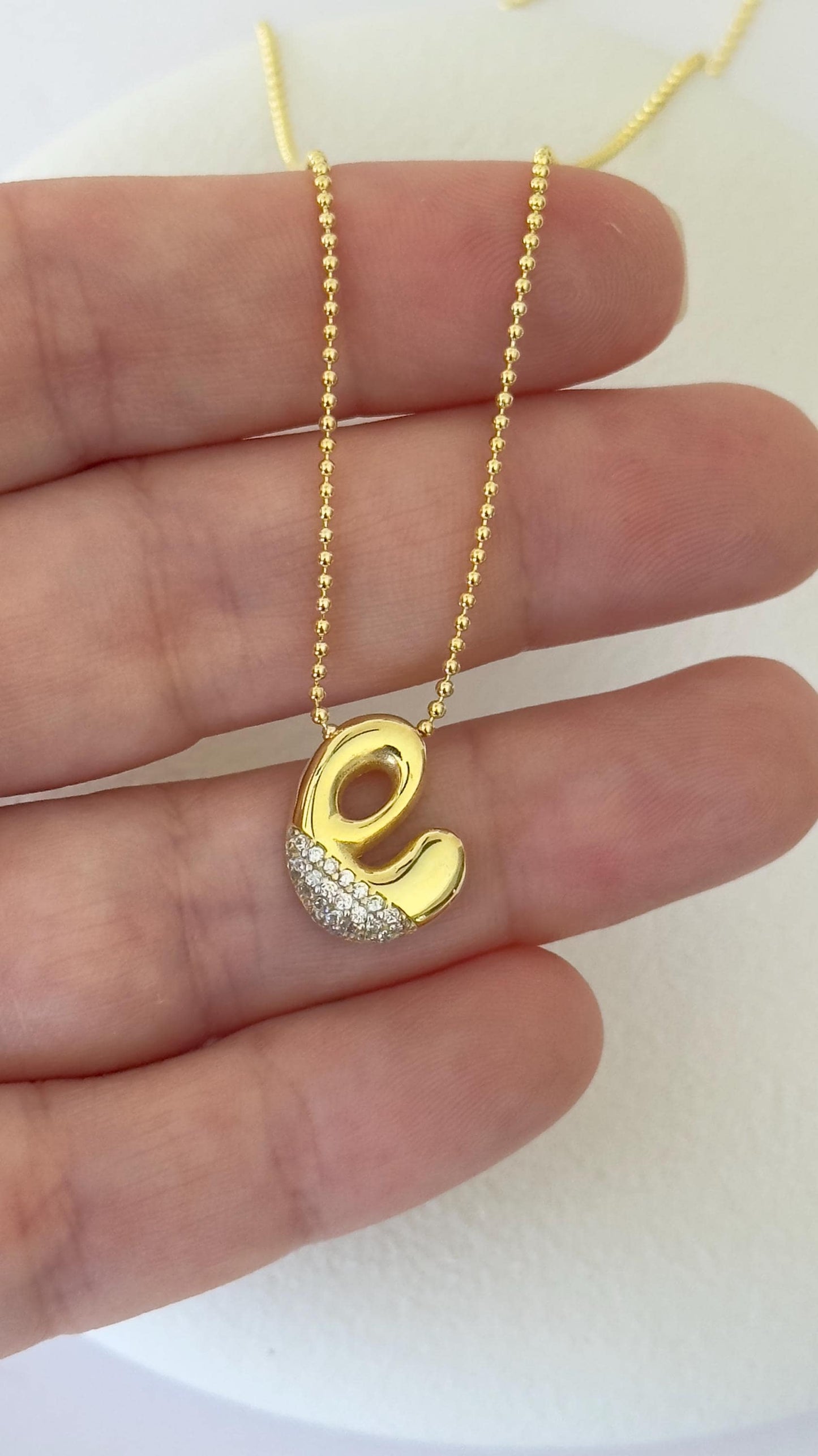 Silver bubble letter necklace with cubic zirconia diamonds, elegant personalized necklace by Shineliz.