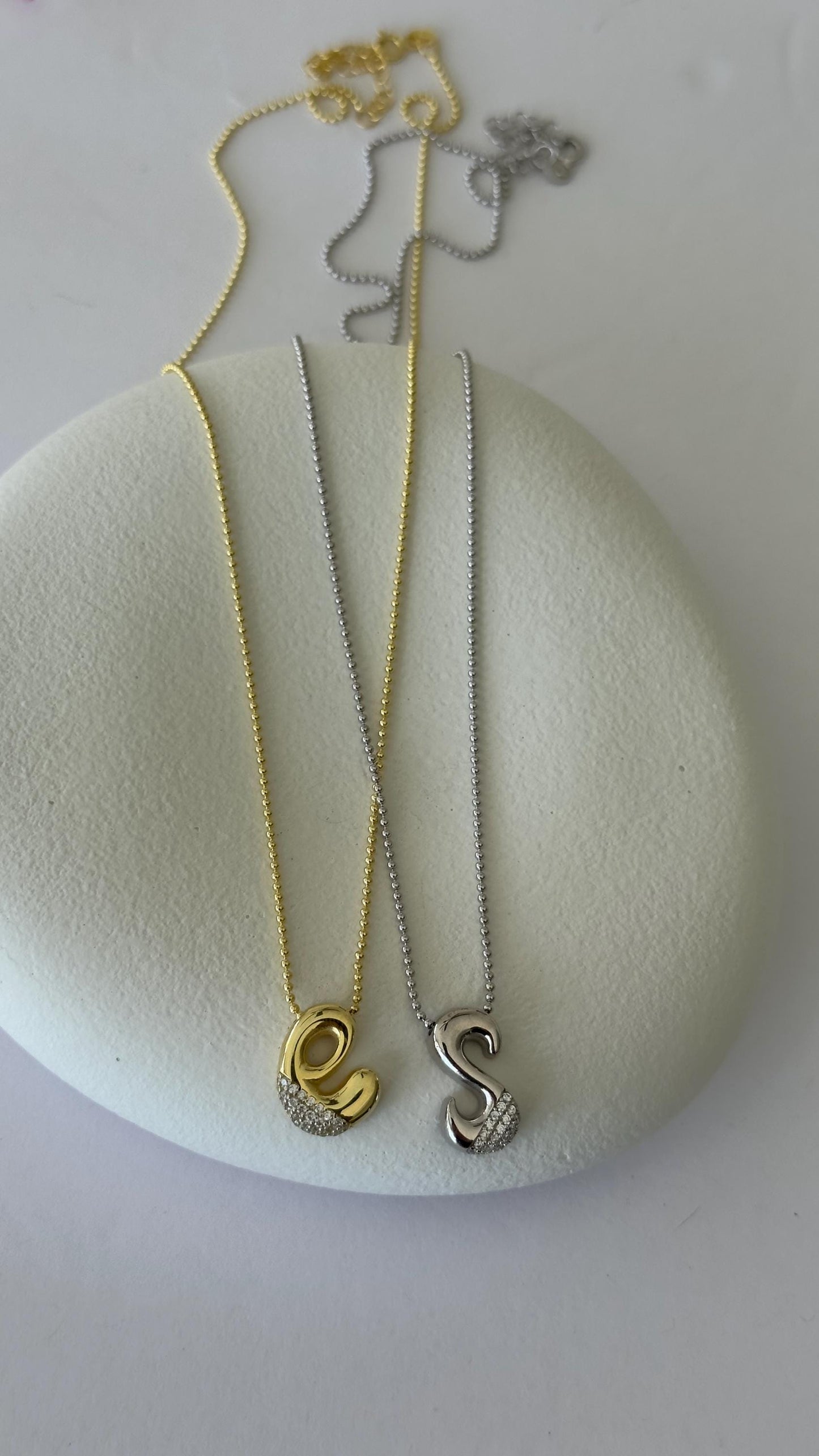 Silver bubble letter necklace with cubic zirconia diamonds, elegant personalized necklace by Shineliz.