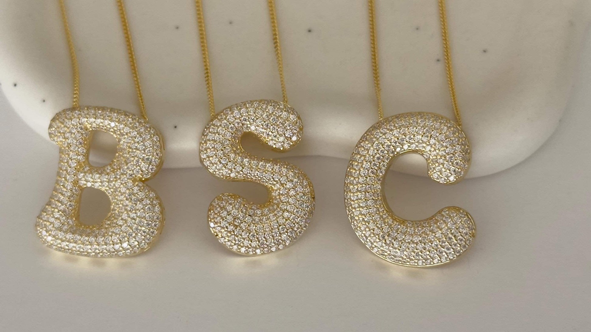 Bubble Letter Necklace, Jumbo  Large CZ Diamond Initial Pendant, Big Chunky Letter Necklace, 925 Sterling Silver Personalized Jewelry Gift