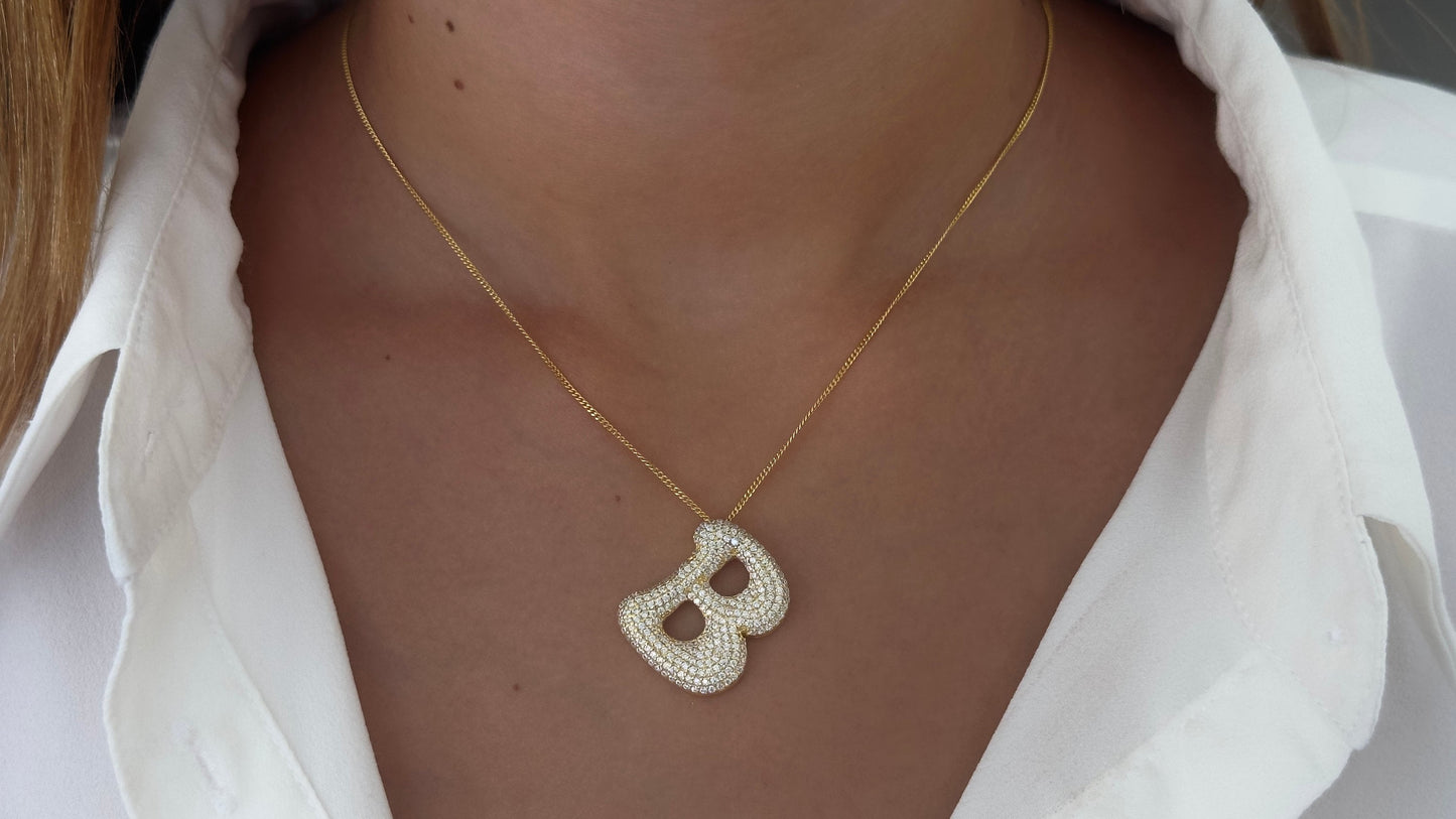 Bubble Letter Necklace, Jumbo  Large CZ Diamond Initial Pendant, Big Chunky Letter Necklace, 925 Sterling Silver Personalized Jewelry Gift