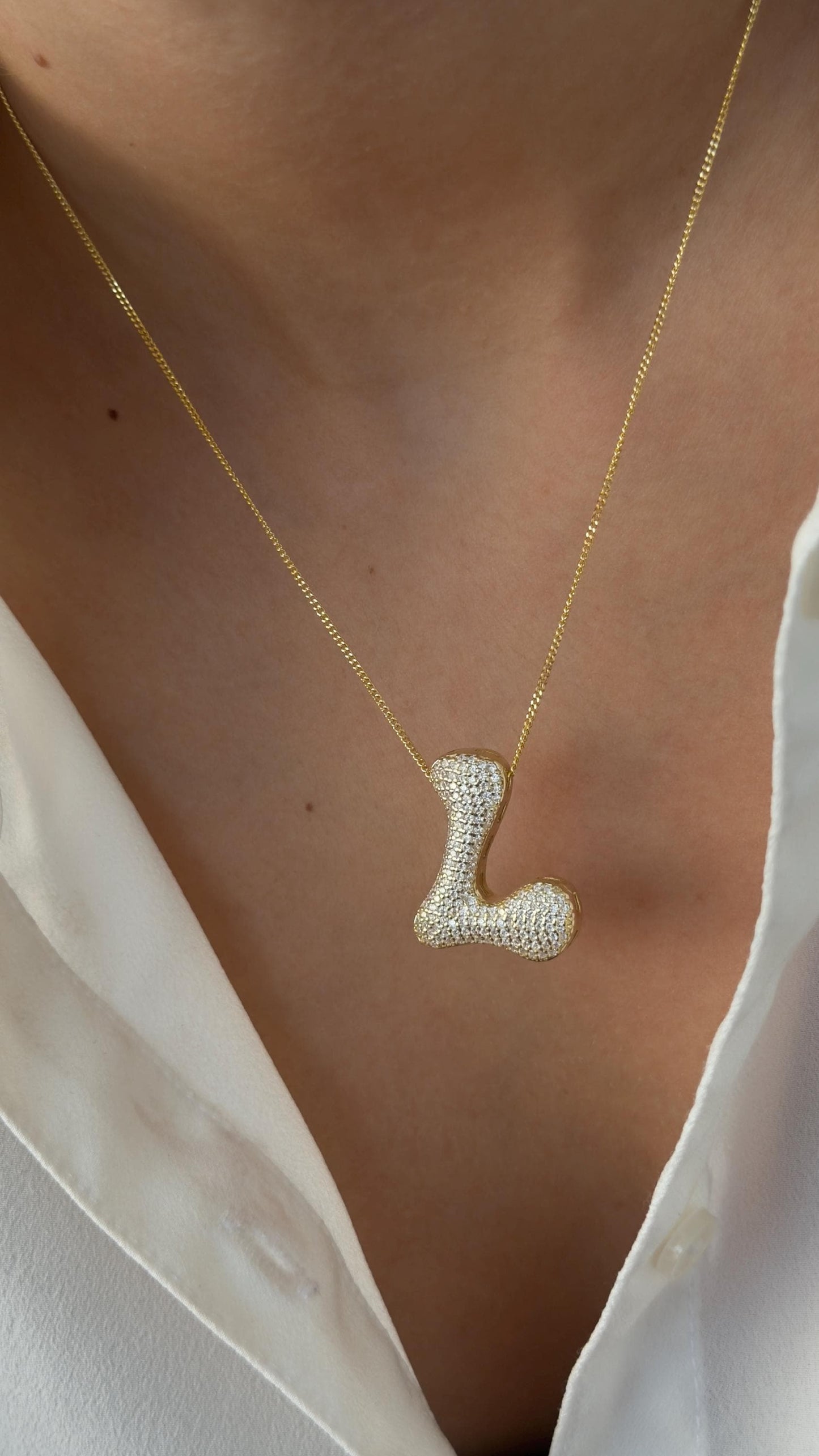 Bubble Letter Necklace, Jumbo  Large CZ Diamond Initial Pendant, Big Chunky Letter Necklace, 925 Sterling Silver Personalized Jewelry Gift