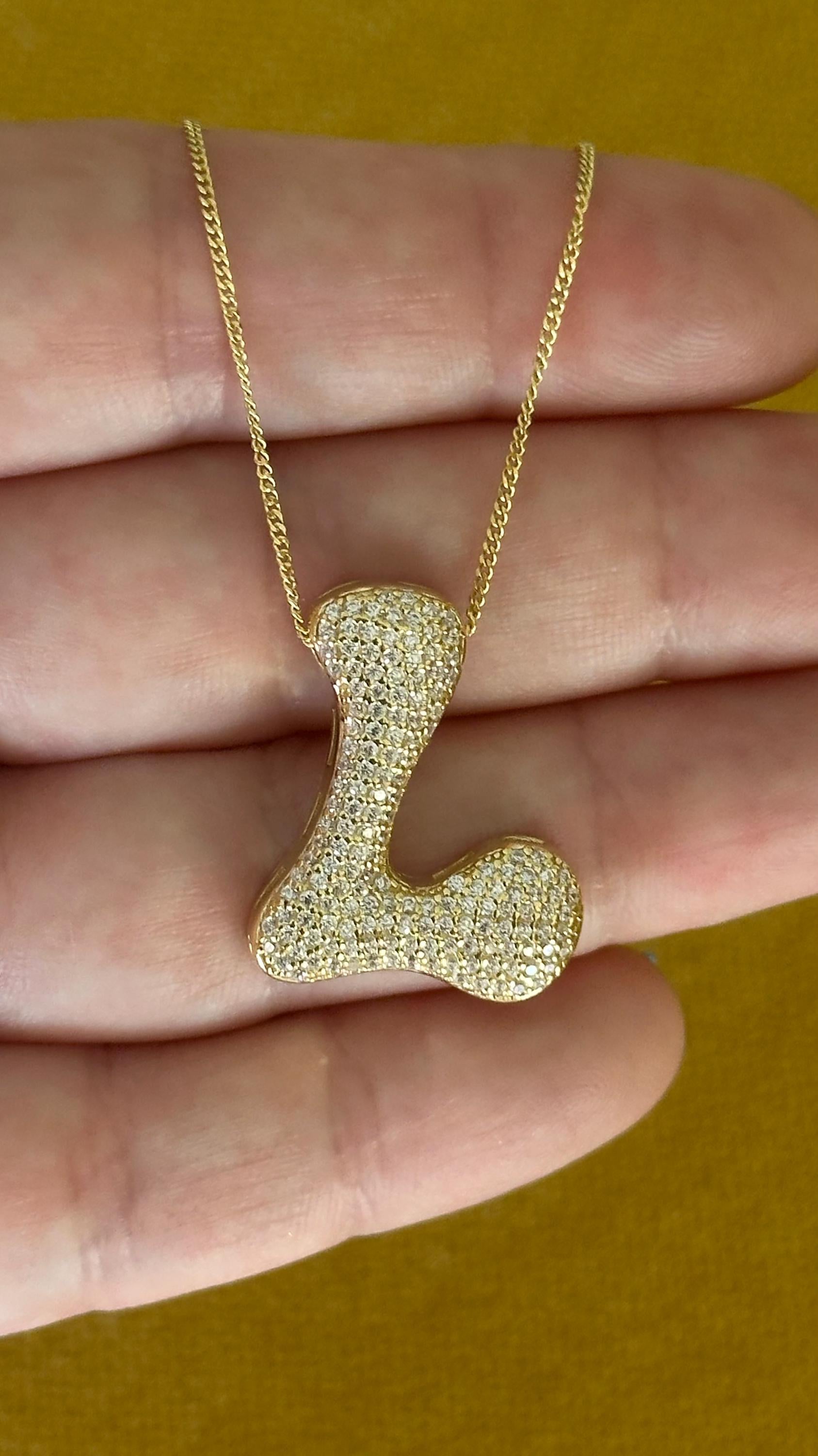 Bubble Letter Necklace, Jumbo  Large CZ Diamond Initial Pendant, Big Chunky Letter Necklace, 925 Sterling Silver Personalized Jewelry Gift
