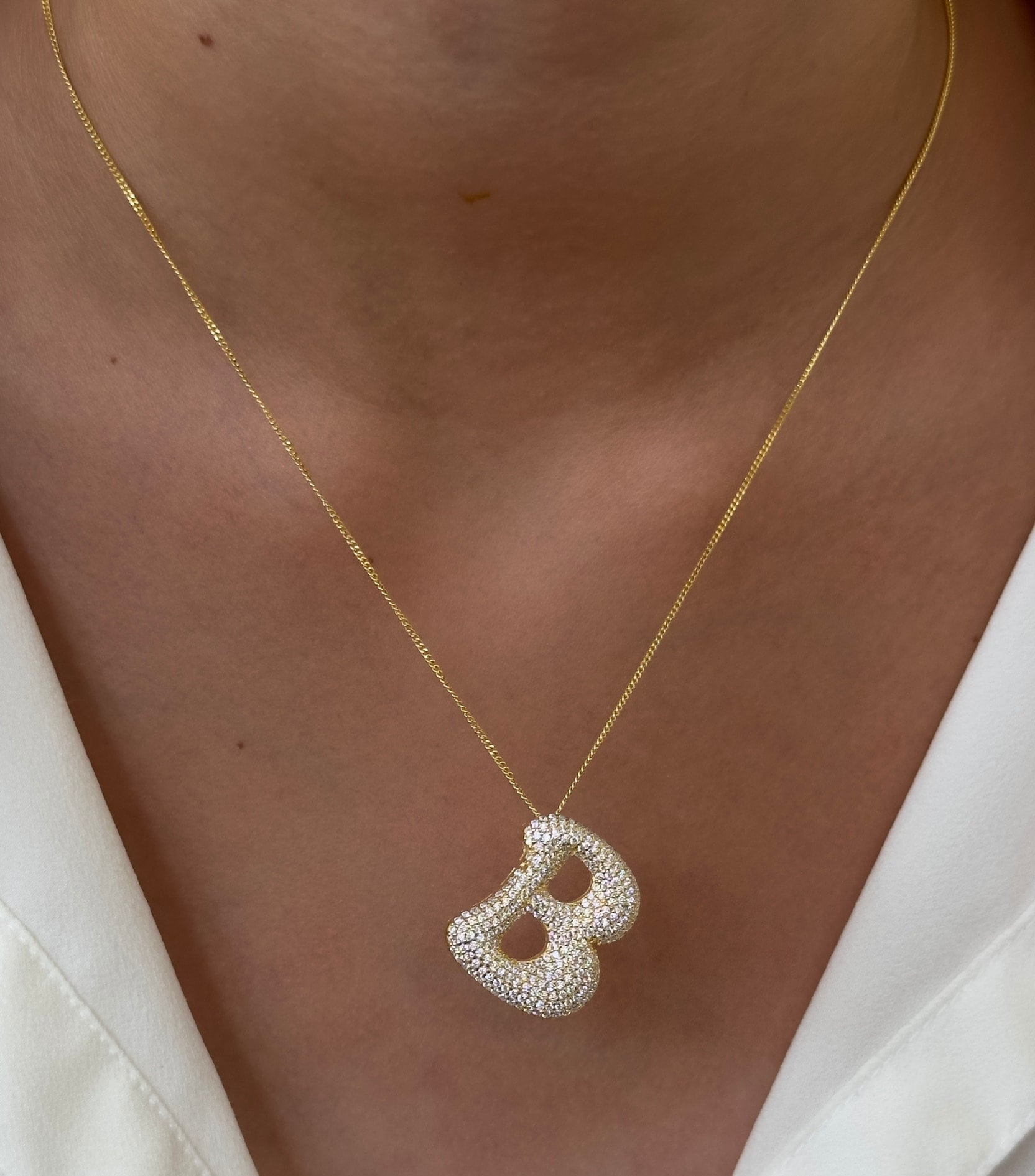 Bubble Letter Necklace, Jumbo  Large CZ Diamond Initial Pendant, Big Chunky Letter Necklace, 925 Sterling Silver Personalized Jewelry Gift