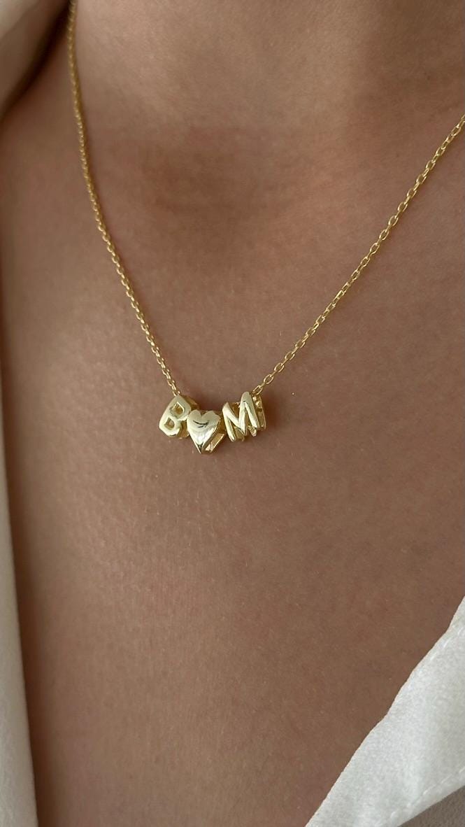 Bubble Name Necklace with Heart, Custom 3D Initial Letter Necklace, Heart Pendant Necklace 14k Gold Personalized 3D  Jewelry Gift for Her, 925 Sterling Silver, Handmade Jewelry Women Girls