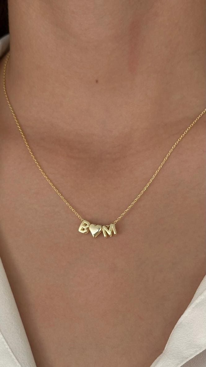Bubble Name Necklace: 14k Gold 3D Heart Initial Letter Pendant, Personalized Jewelry Gifts Minimalist