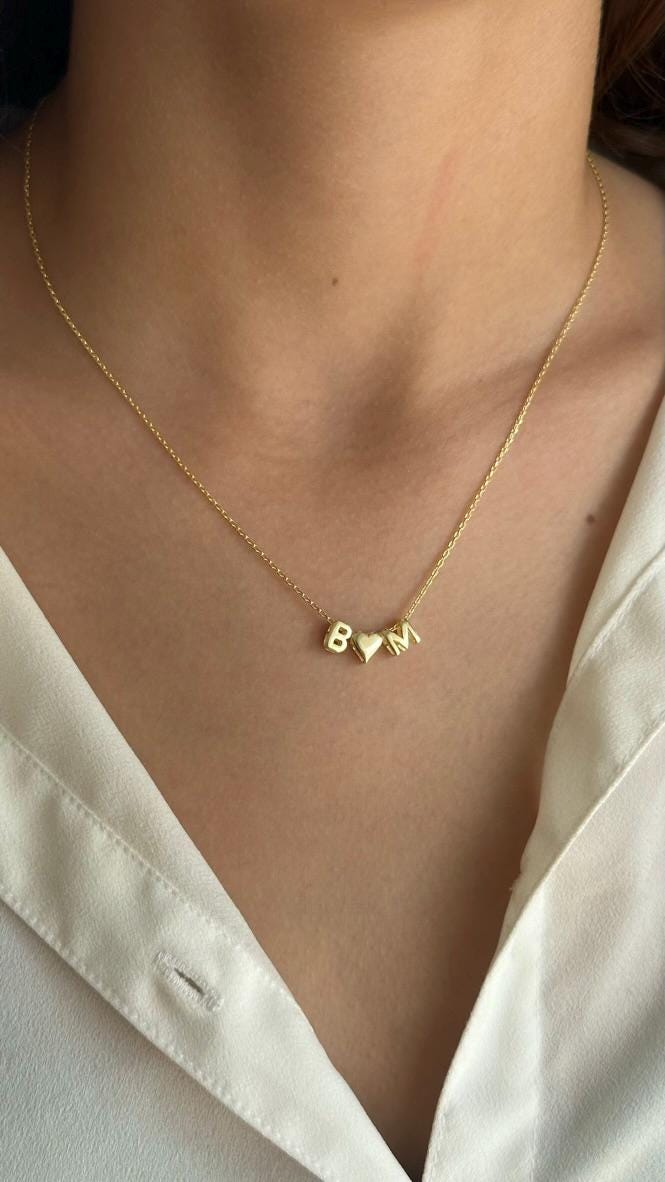 Bubble Name Necklace: 14k Gold 3D Heart Initial Letter Pendant, Personalized Jewelry Gifts Minimalist