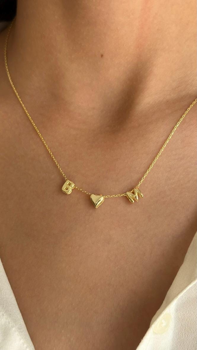 Bubble Name Necklace: 14k Gold 3D Heart Initial Letter Pendant, Personalized Jewelry Gifts Minimalist