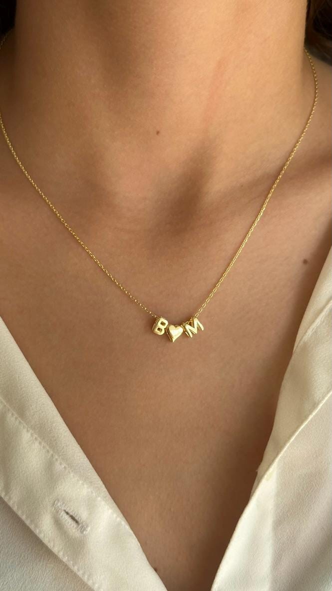 Bubble Name Necklace: 14k Gold 3D Heart Initial Letter Pendant, Personalized Jewelry Gifts Minimalist