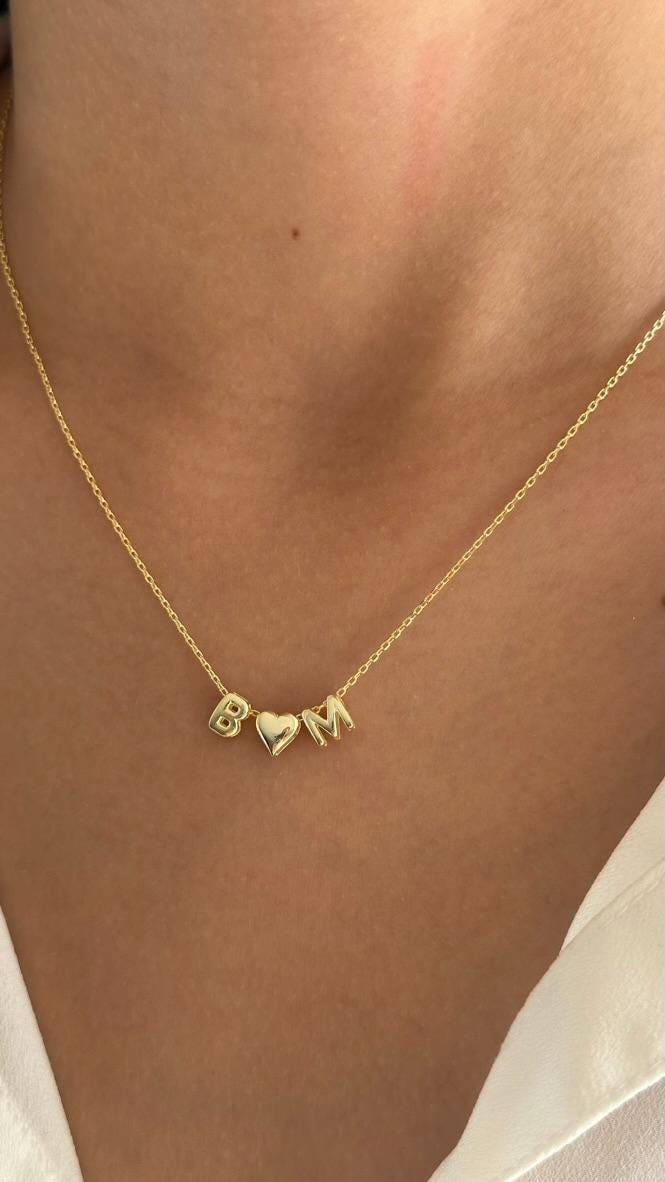 Bubble Name Necklace: 14k Gold 3D Heart Initial Letter Pendant, Personalized Jewelry Gifts Minimalist
