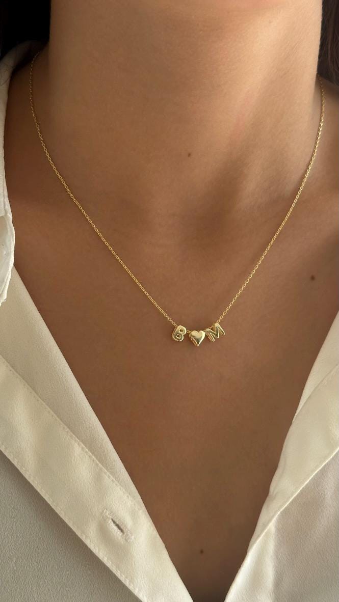 Bubble Name Necklace: 14k Gold 3D Heart Initial Letter Pendant, Personalized Jewelry Gifts Minimalist