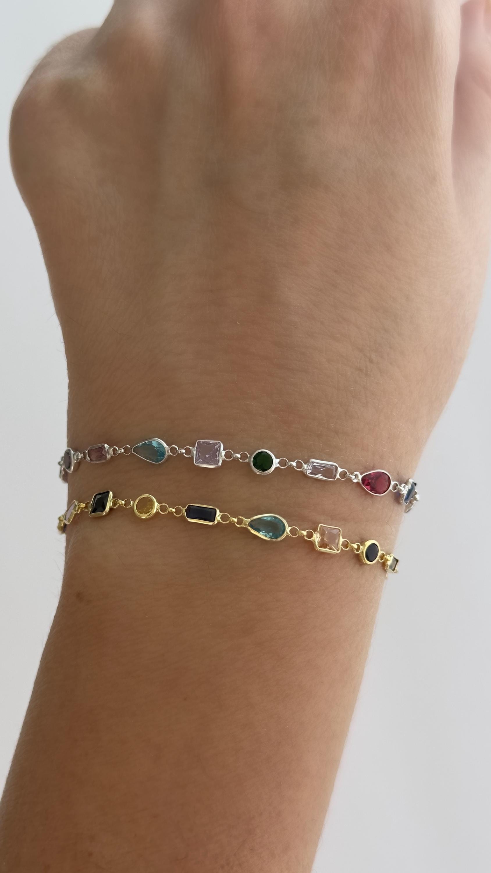 CZ Chain Bracelet, Colorful Diamond 14k Gold, Multicolor Stack Bracelet, 925 Sterling Silver