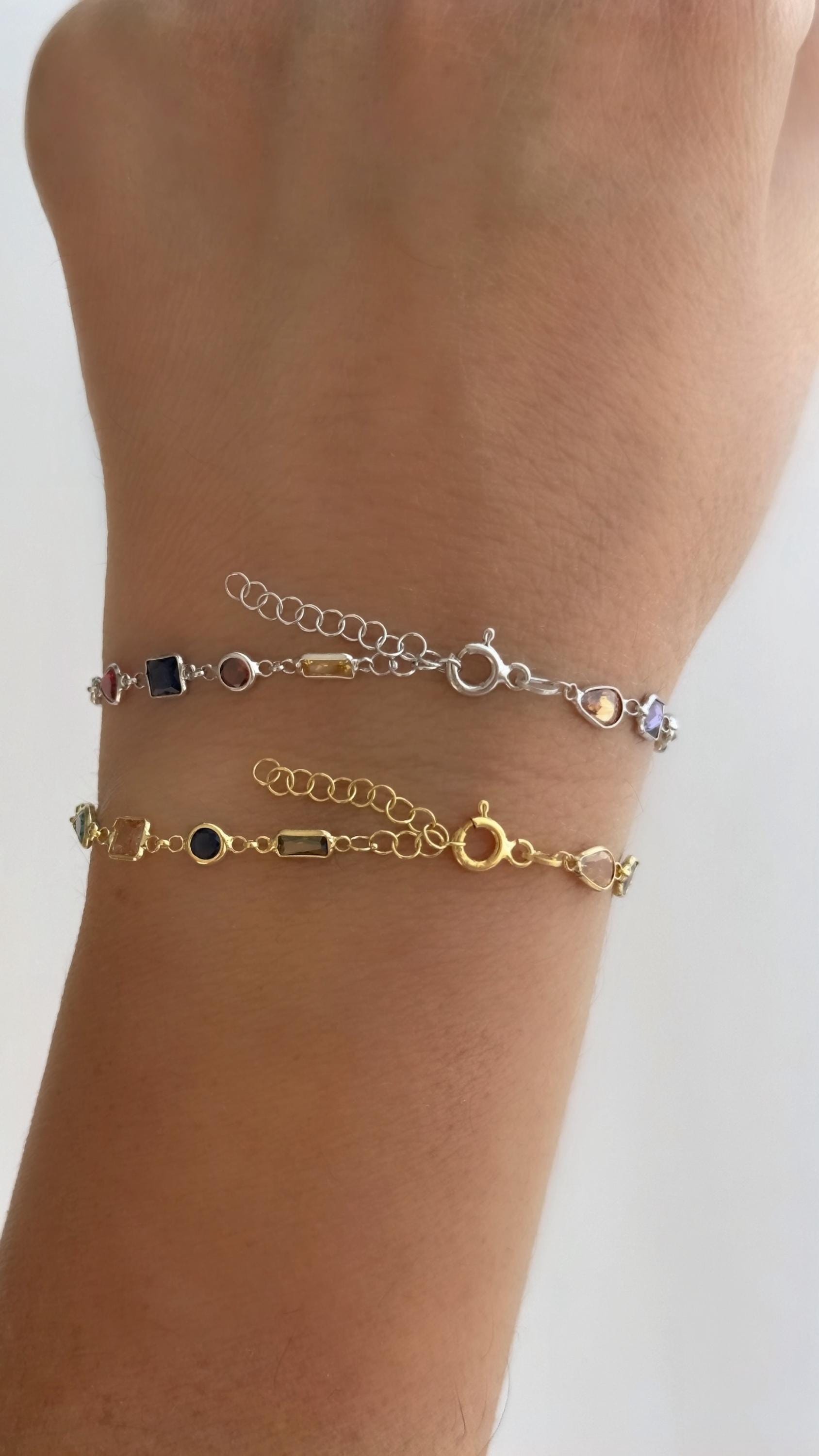 CZ Chain Bracelet, Colorful Diamond 14k Gold, Multicolor Stack Bracelet, 925 Sterling Silver
