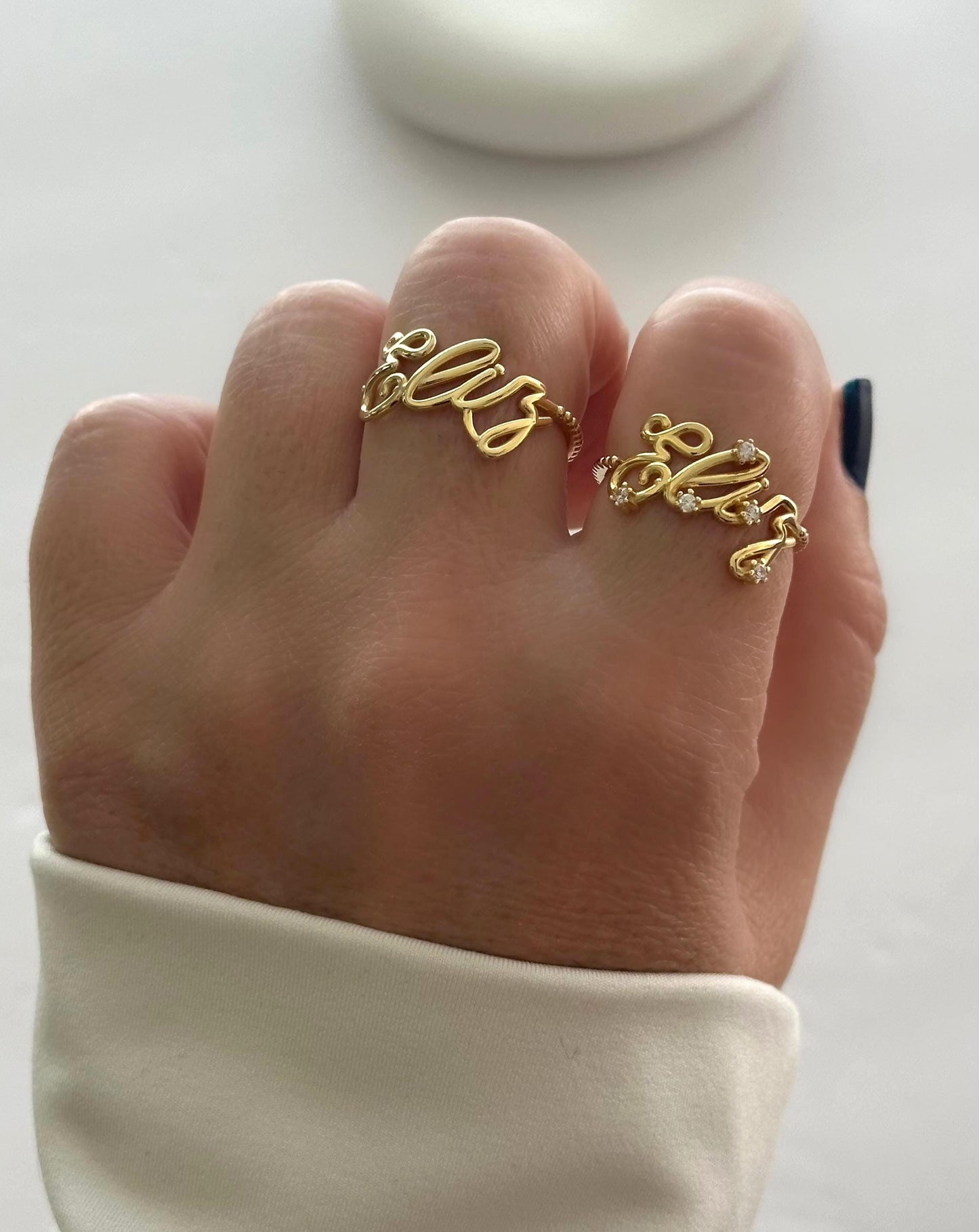 Custom gold name ring with CZ diamond gemstones, handmade adjustable 925 sterling silver personalized jewelry by Shineliz.