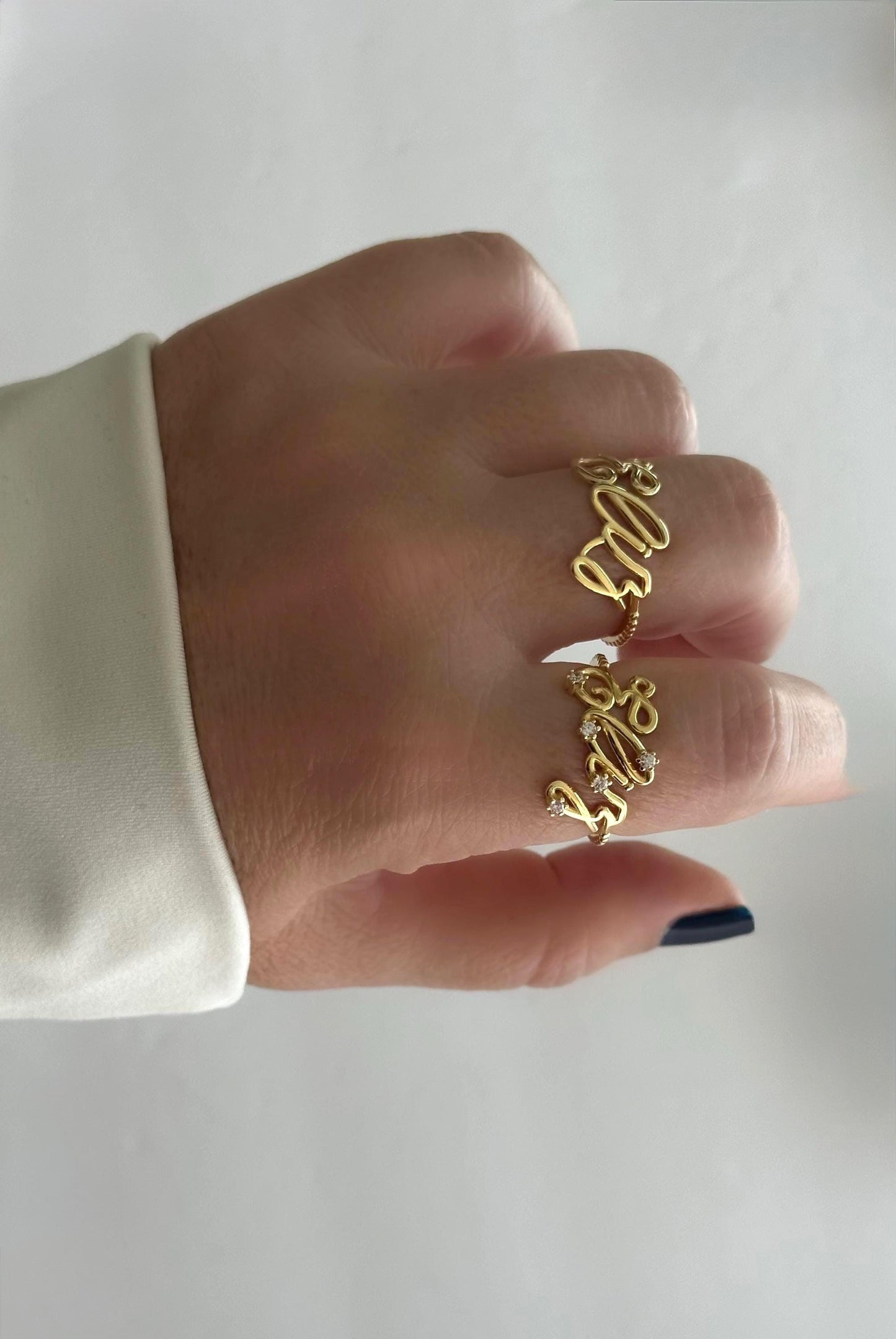 Adjustable diamond letter ring featuring clear cubic zirconia stones, elegant handmade jewelry gift for her.