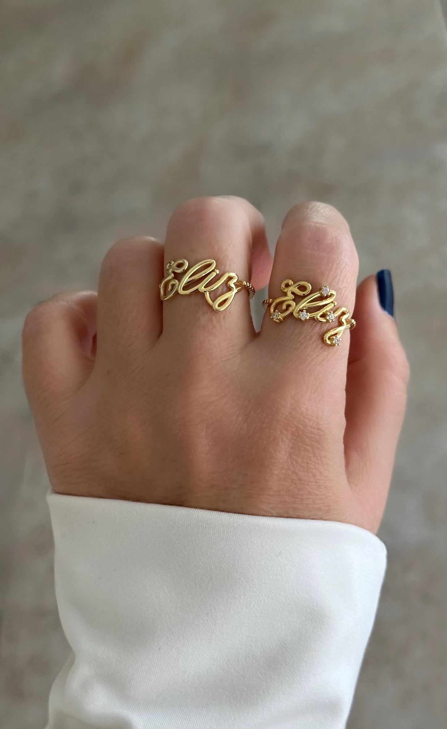 Custom CZ diamond name ring for women, adjustable gold plated 925 sterling silver jewelry handmade by Shineliz.