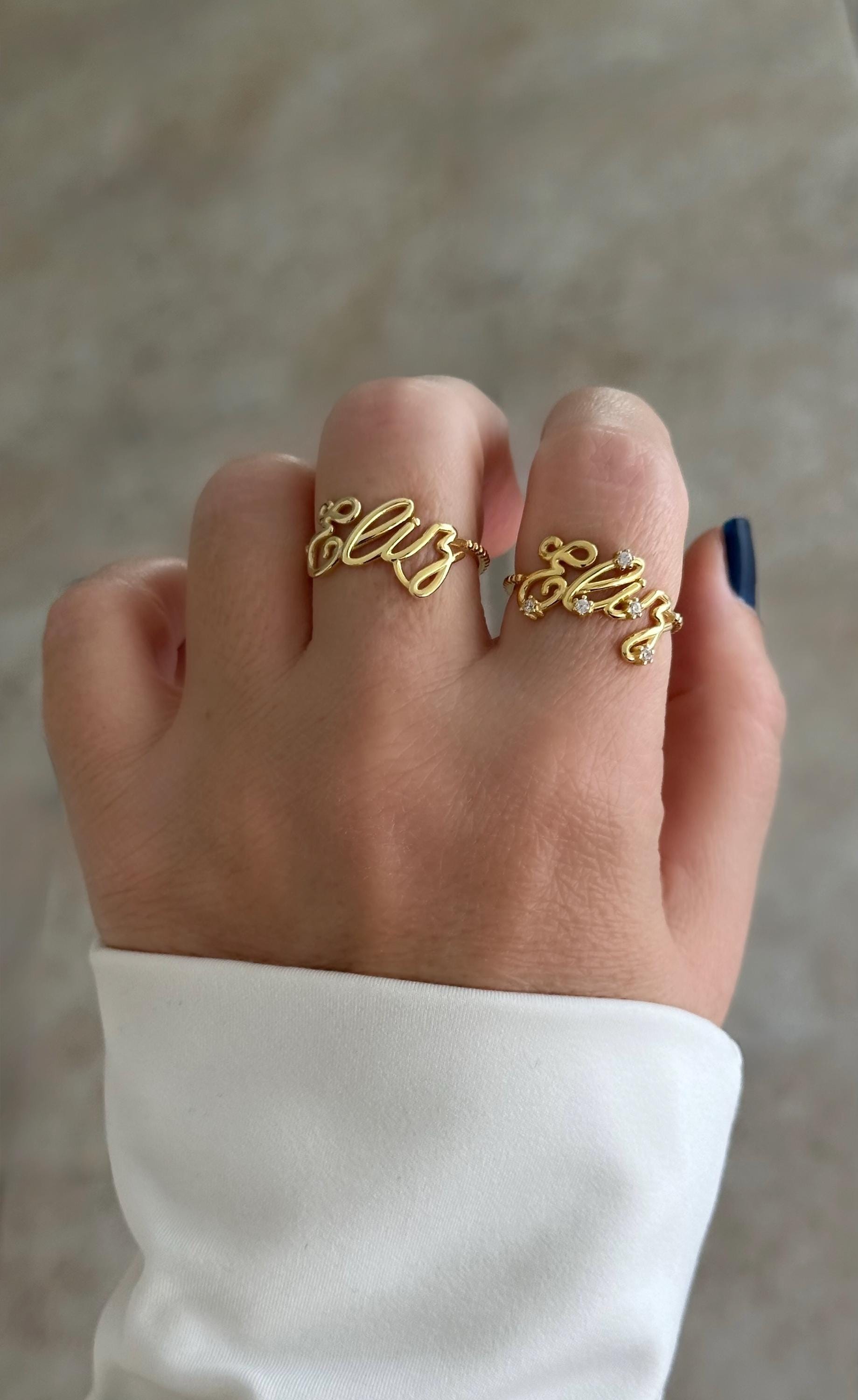 Custom CZ diamond name ring for women, adjustable gold plated 925 sterling silver jewelry handmade by Shineliz.