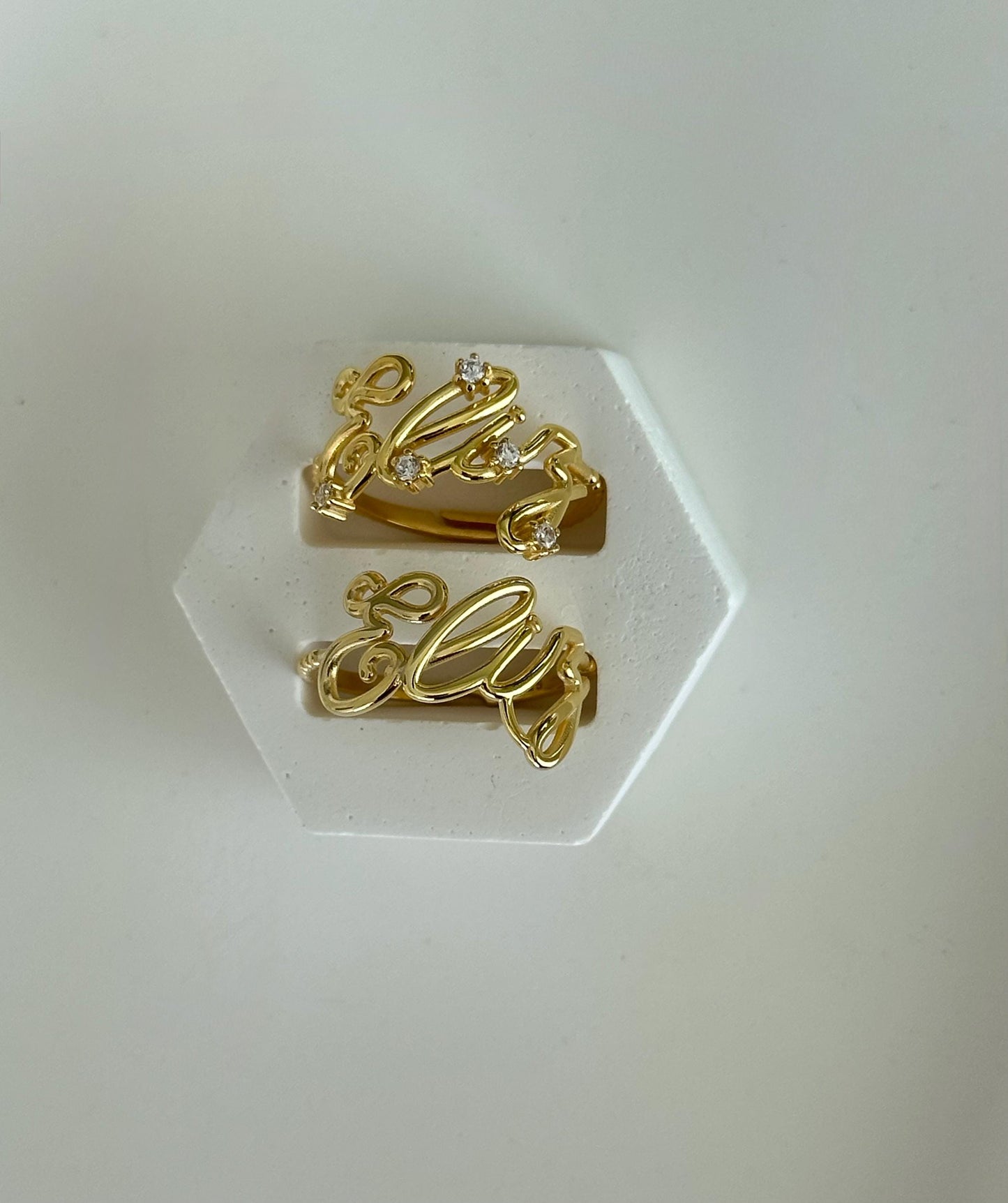 Personalized name ring in 14K gold plated sterling silver with CZ diamond accents, adjustable handmade jewelry by Shineliz.