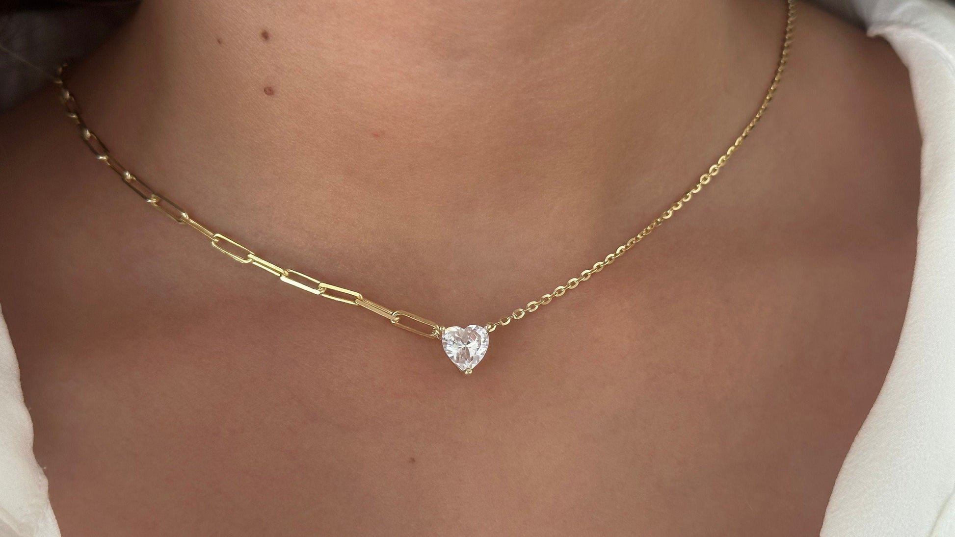 CZ Diamond Heart Pendant Necklace: 14K Gold Sterling Silver Chain