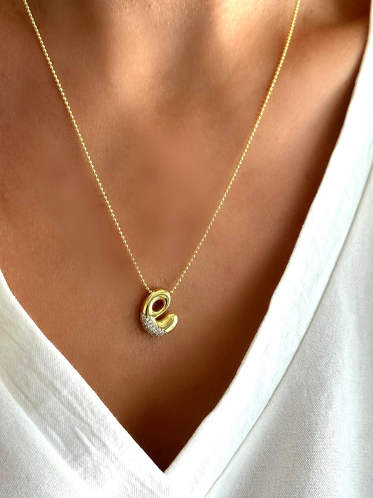 CZ Diamond Initial Necklace: 3D Bubble Letter Pendant Sterling Silver Jewelry Gift