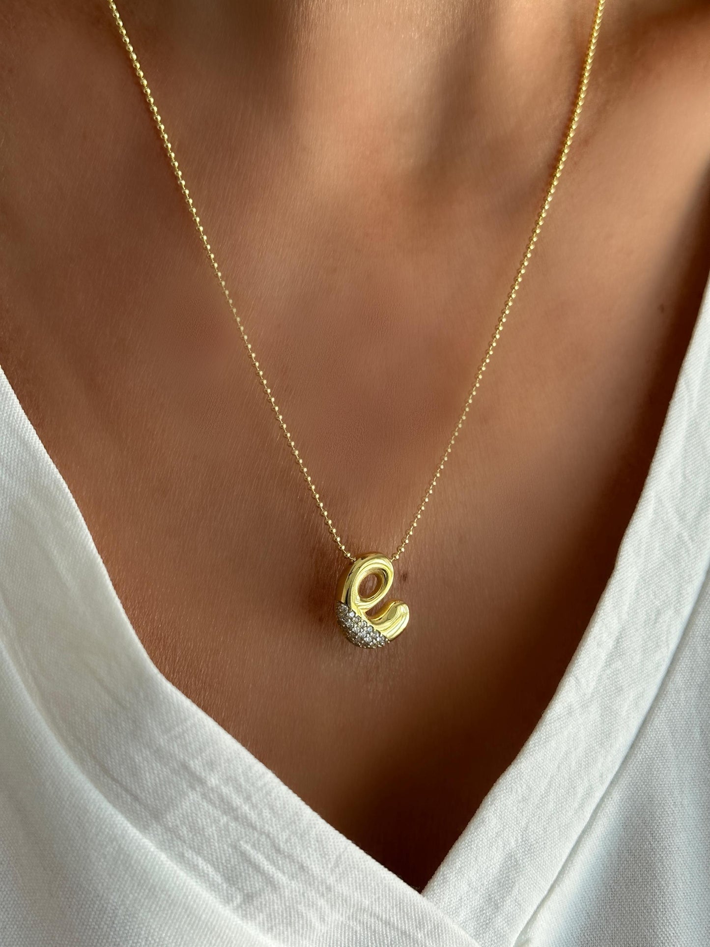 CZ Diamond Initial Necklace: 3D Bubble Letter Pendant Sterling Silver Jewelry Gift