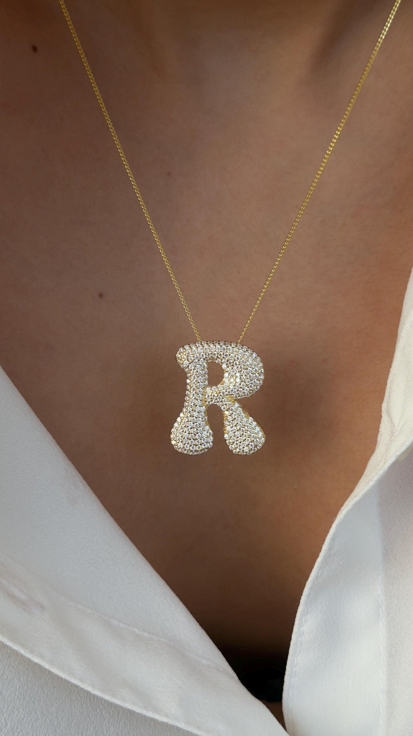 CZ Diamond Initial Necklace: Sterling Silver Jumbo Bubble Letter Pendant