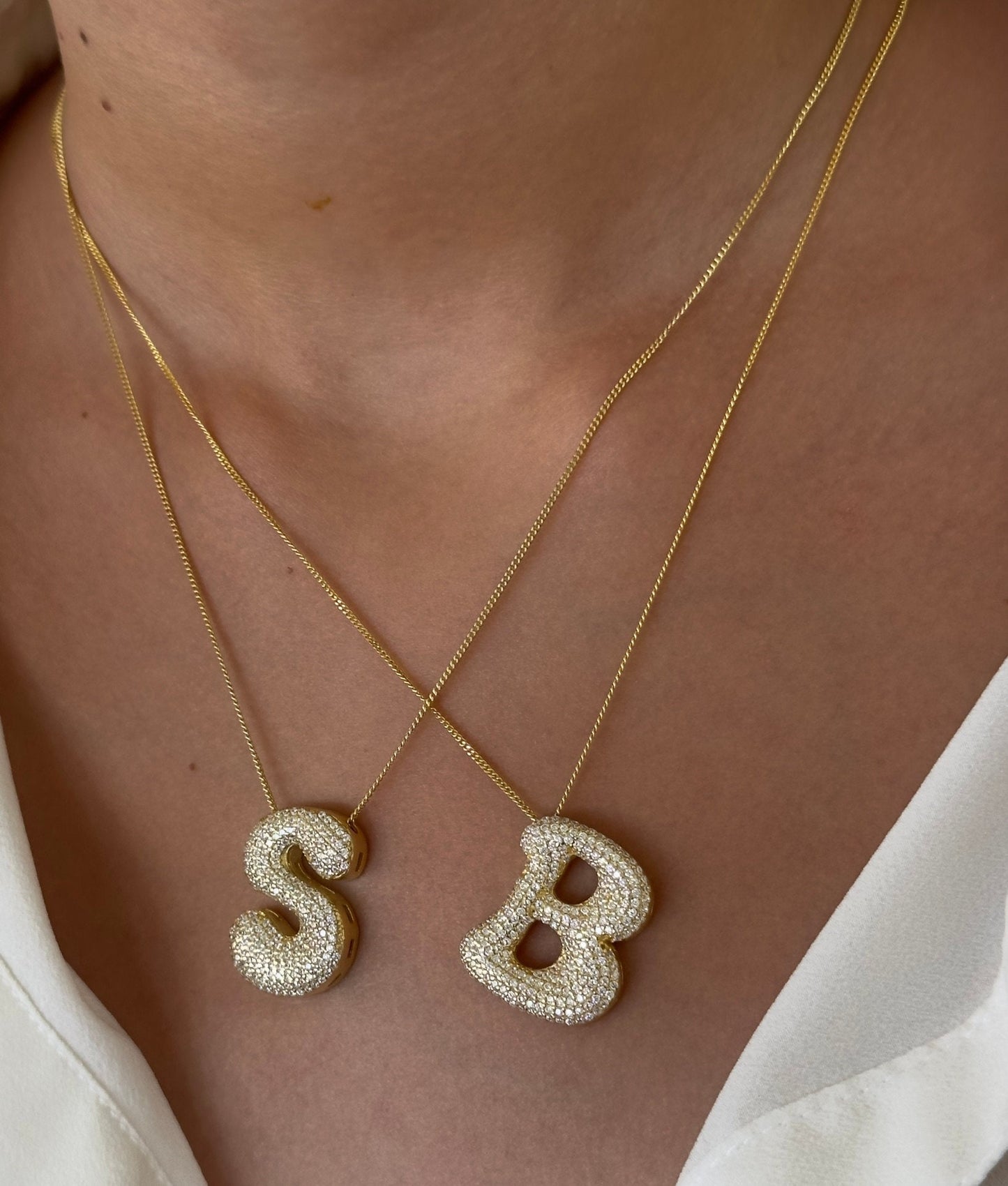 CZ Diamond Initial Necklace: Sterling Silver Jumbo Bubble Letter Pendant