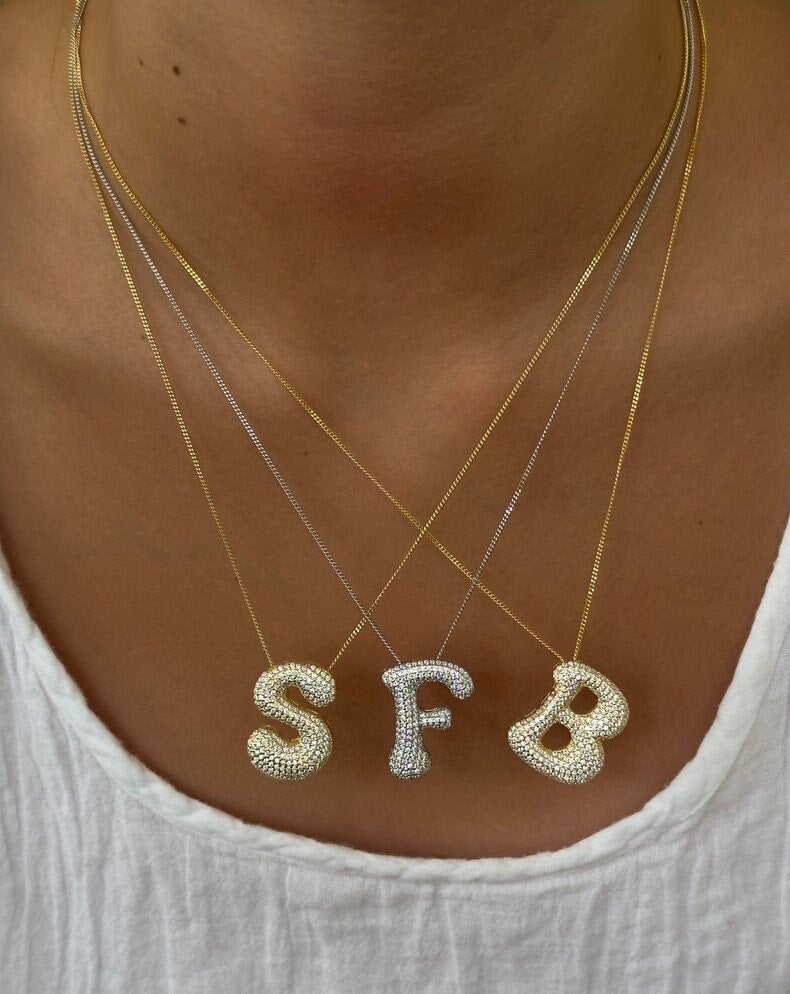 CZ Diamond Initial Necklace: Sterling Silver Jumbo Bubble Letter Pendant