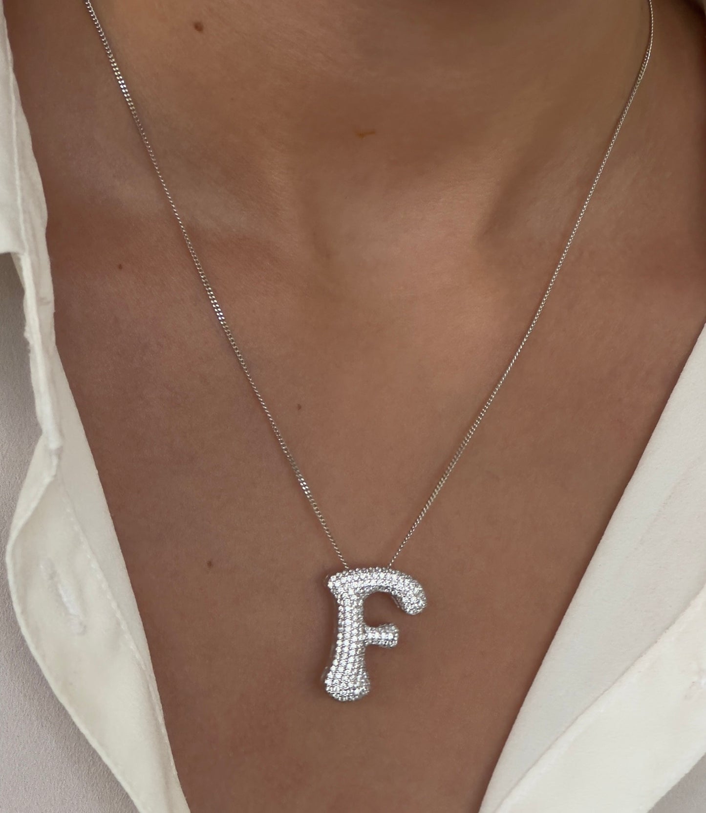 CZ Diamond Initial Necklace: Sterling Silver Jumbo Bubble Letter Pendant