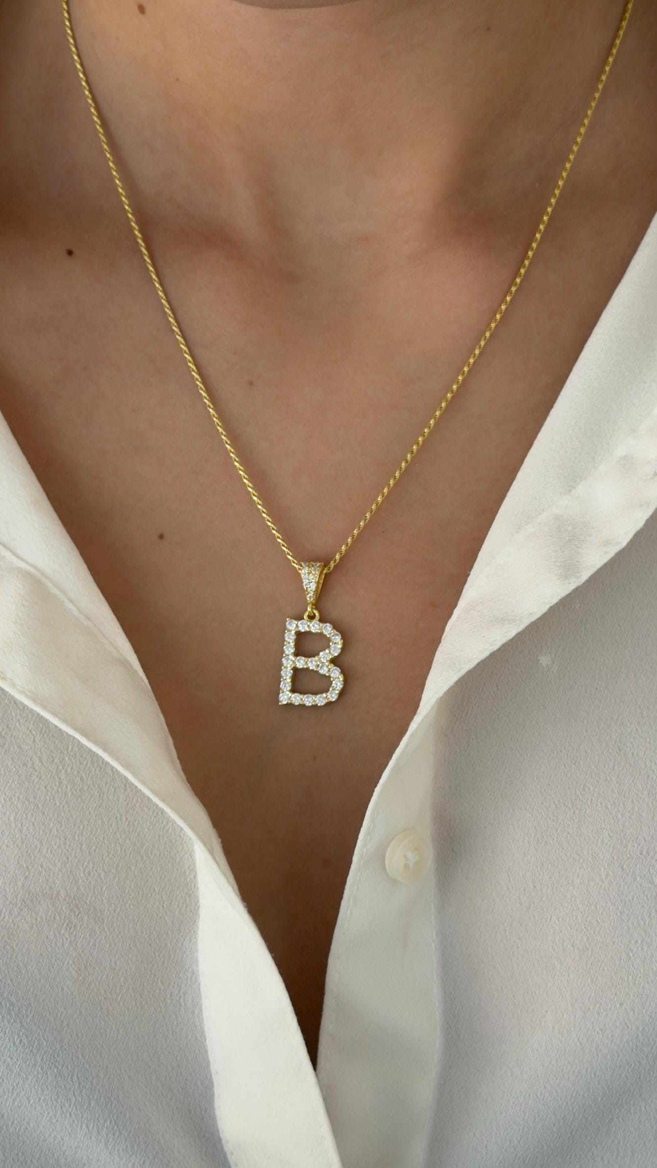 CZ Diamond Initial Necklace: 14k Gold Plated Sterling Silver Personalized Jewelry  Men Women