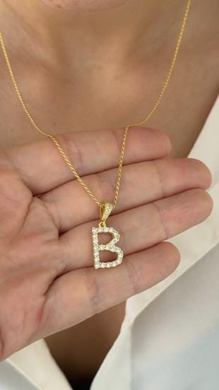 CZ Diamond Initial Necklace: 14k Gold Plated Sterling Silver Personalized Jewelry  Men Women