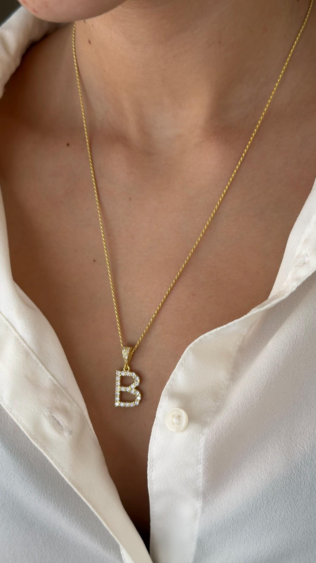 CZ Diamond Initial Necklace: 14k Gold Plated Sterling Silver Personalized Jewelry  Men Women