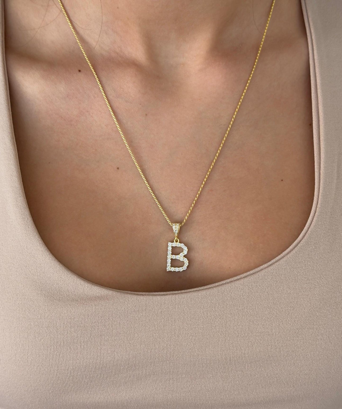 CZ Diamond Initial Necklace: 14k Gold Plated Sterling Silver Personalized Jewelry  Men Women
