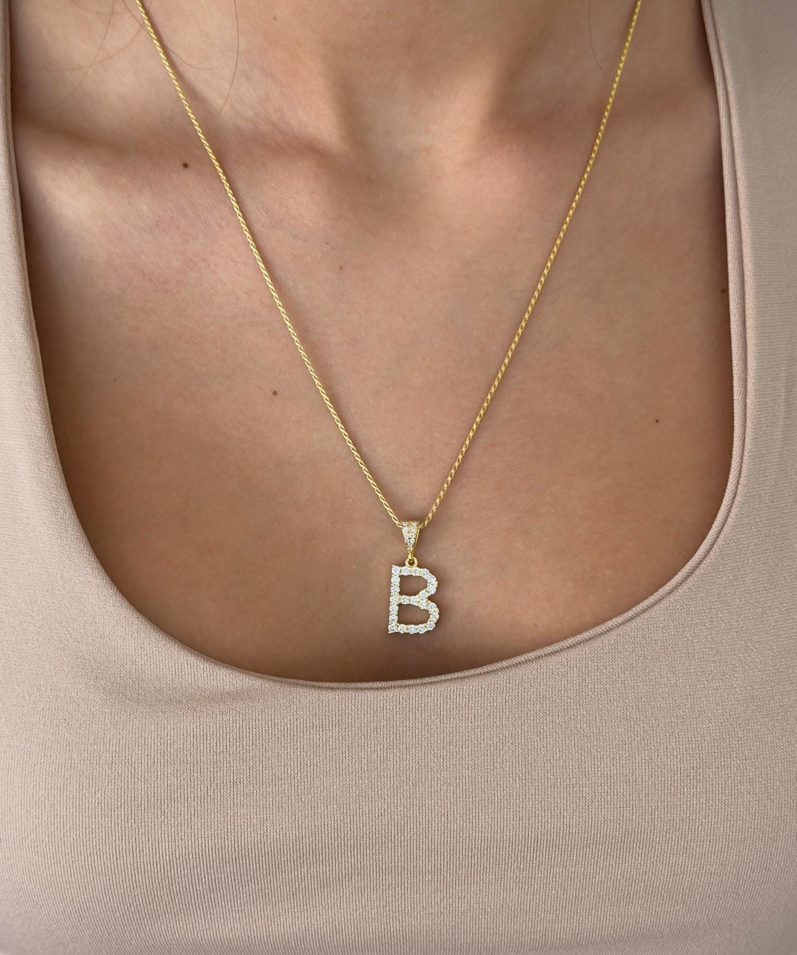 CZ Diamond Initial Necklace: 14k Gold Plated Sterling Silver Personalized Jewelry  Men Women